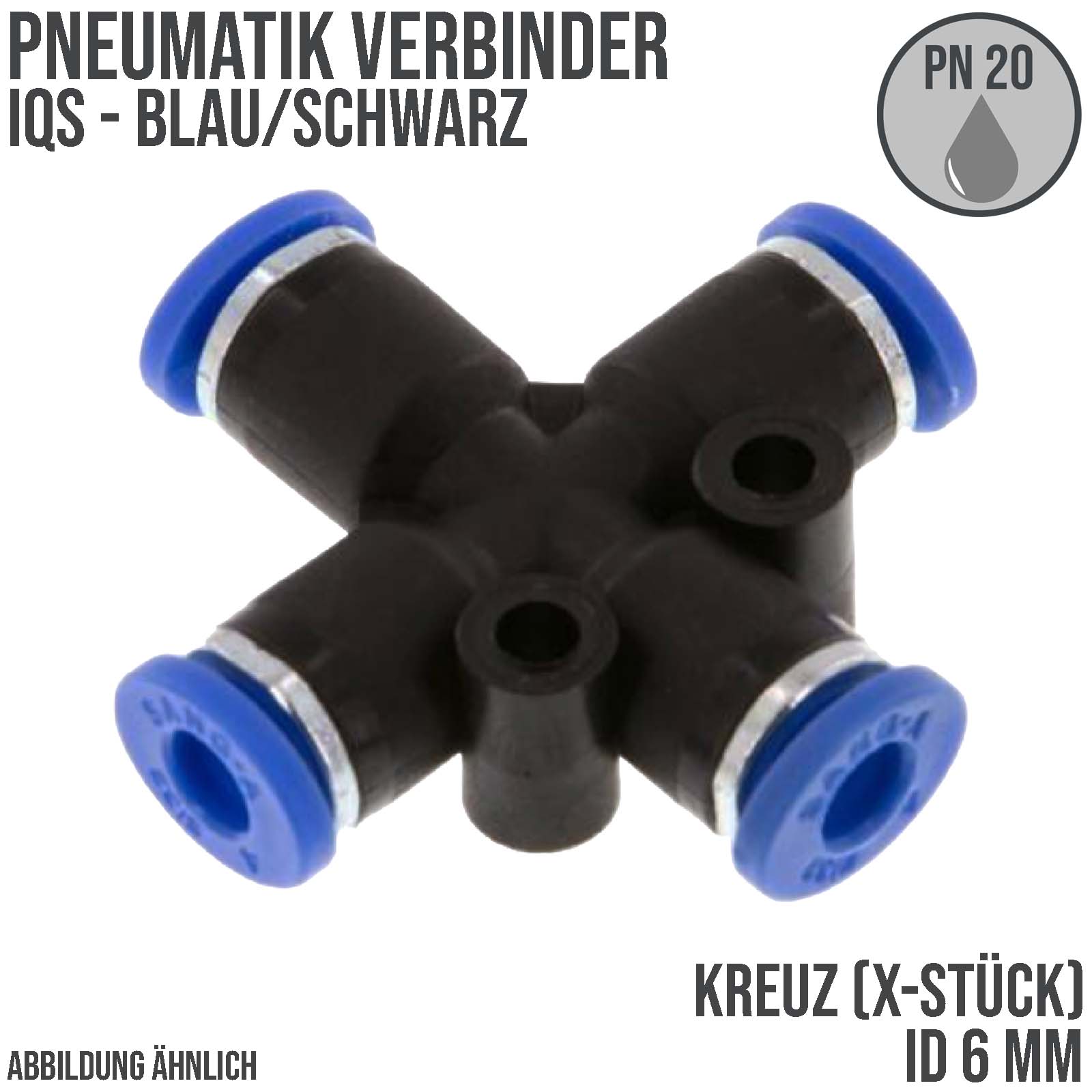 6 mm Pneumatik Schnell Steck Verbinder IQS Kreuz blau/schwarz PA PU Schlauch - PN 20 bar