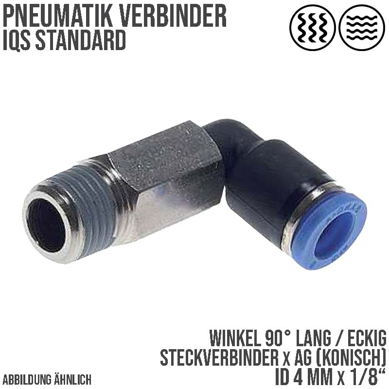 4 mm x 1/8" Pneumatik Steck Verbinder Winkel 90° lang IQS Außengewinde konisch - PN 20 bar