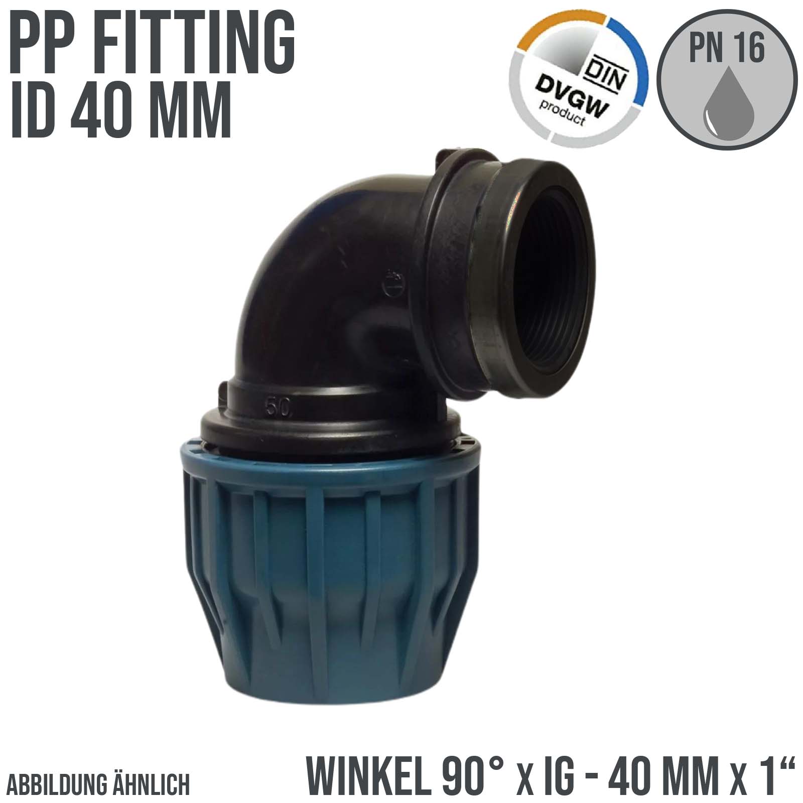 40 mm x 1" PE PP Fitting Klemm Verbinder Verschraubung Rohr Winkel 90° x IG DVGW - PN 16 bar 
