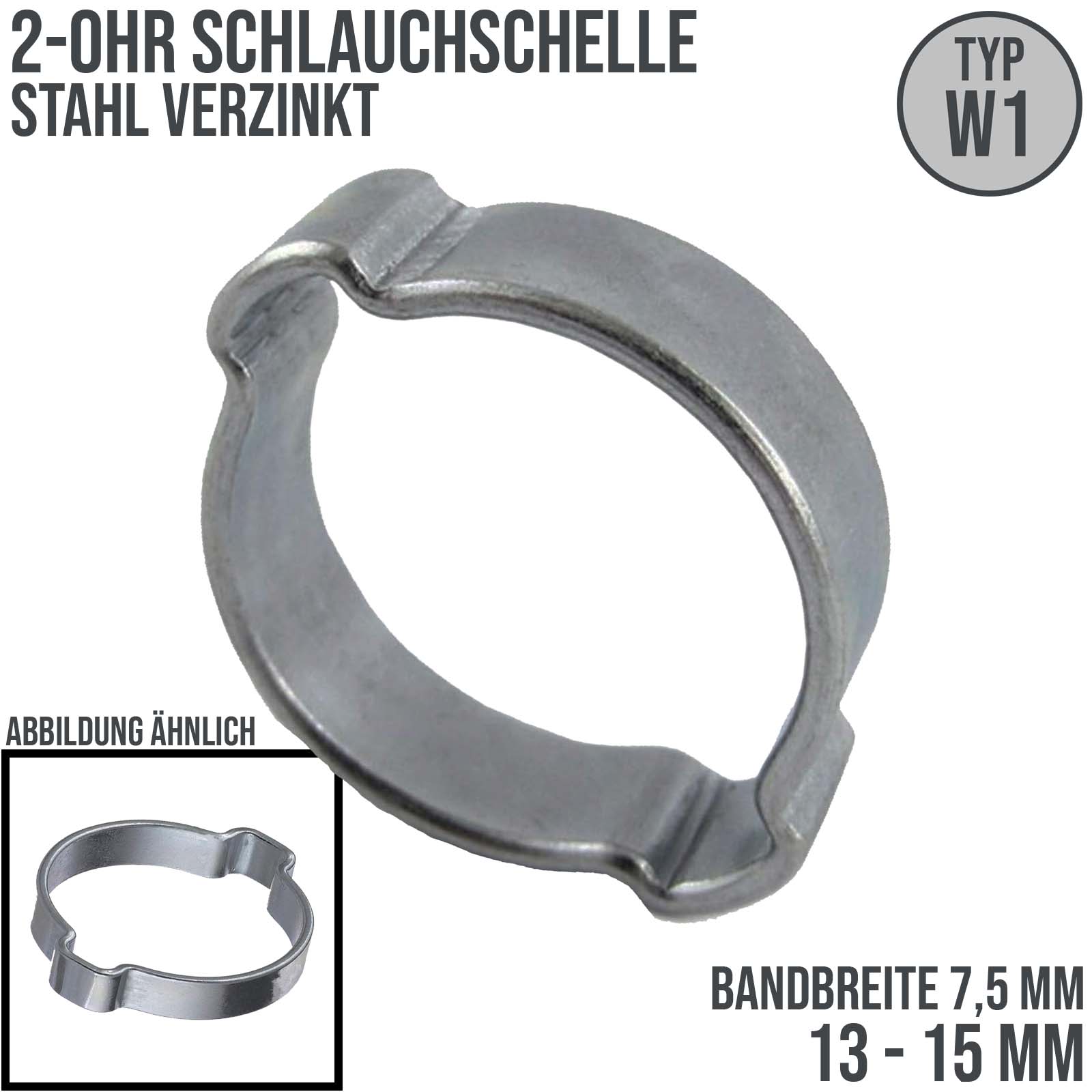 13 - 15 mm 2-Ohr Doppel Schlauch Schelle Stahl verzinkt W1 - Bandbr. 7,5 mm