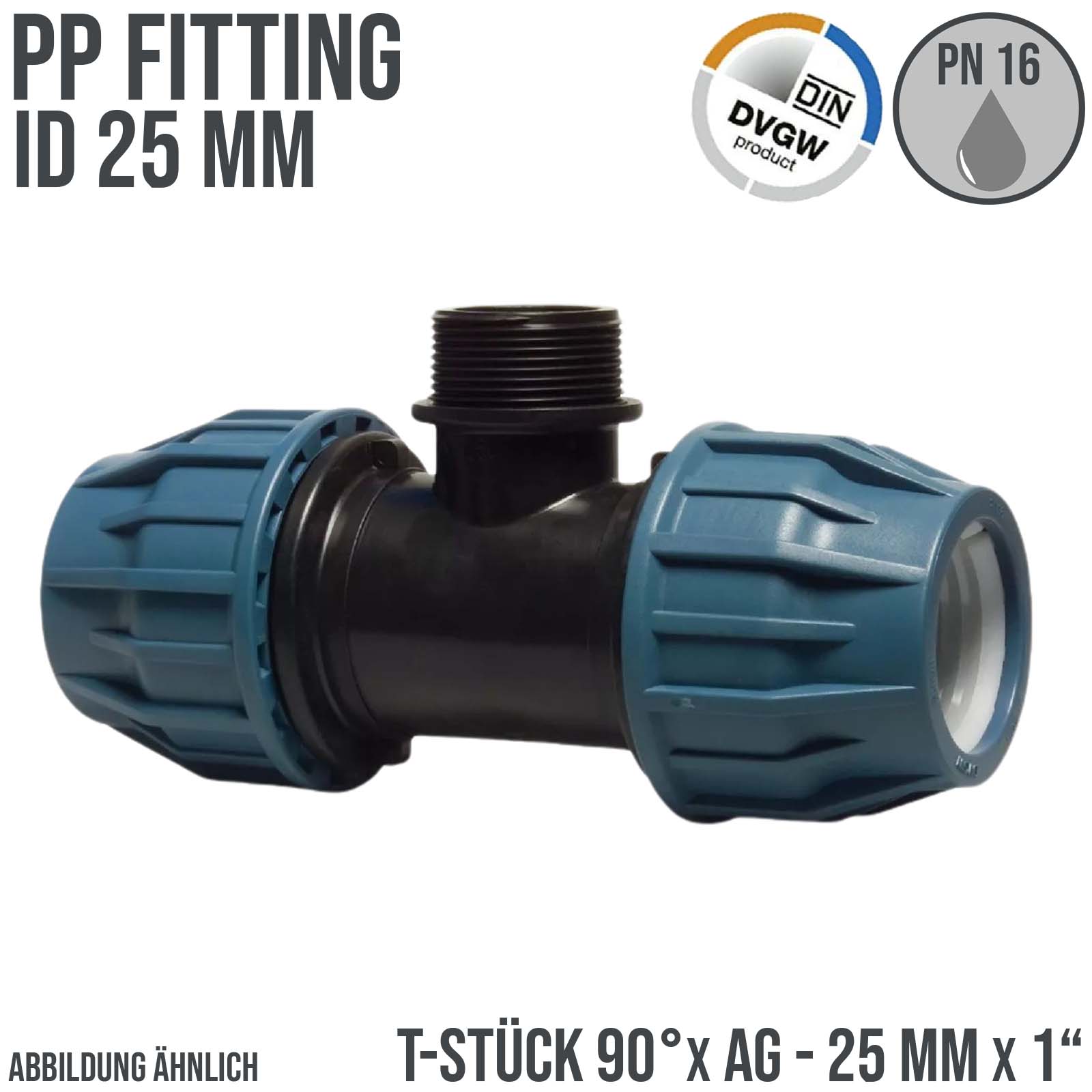 25 mm x 1" PE PP Fitting Klemm Verbinder Verschraubung Rohr T-Stück 90° x AG DVGW - PN 16 bar 