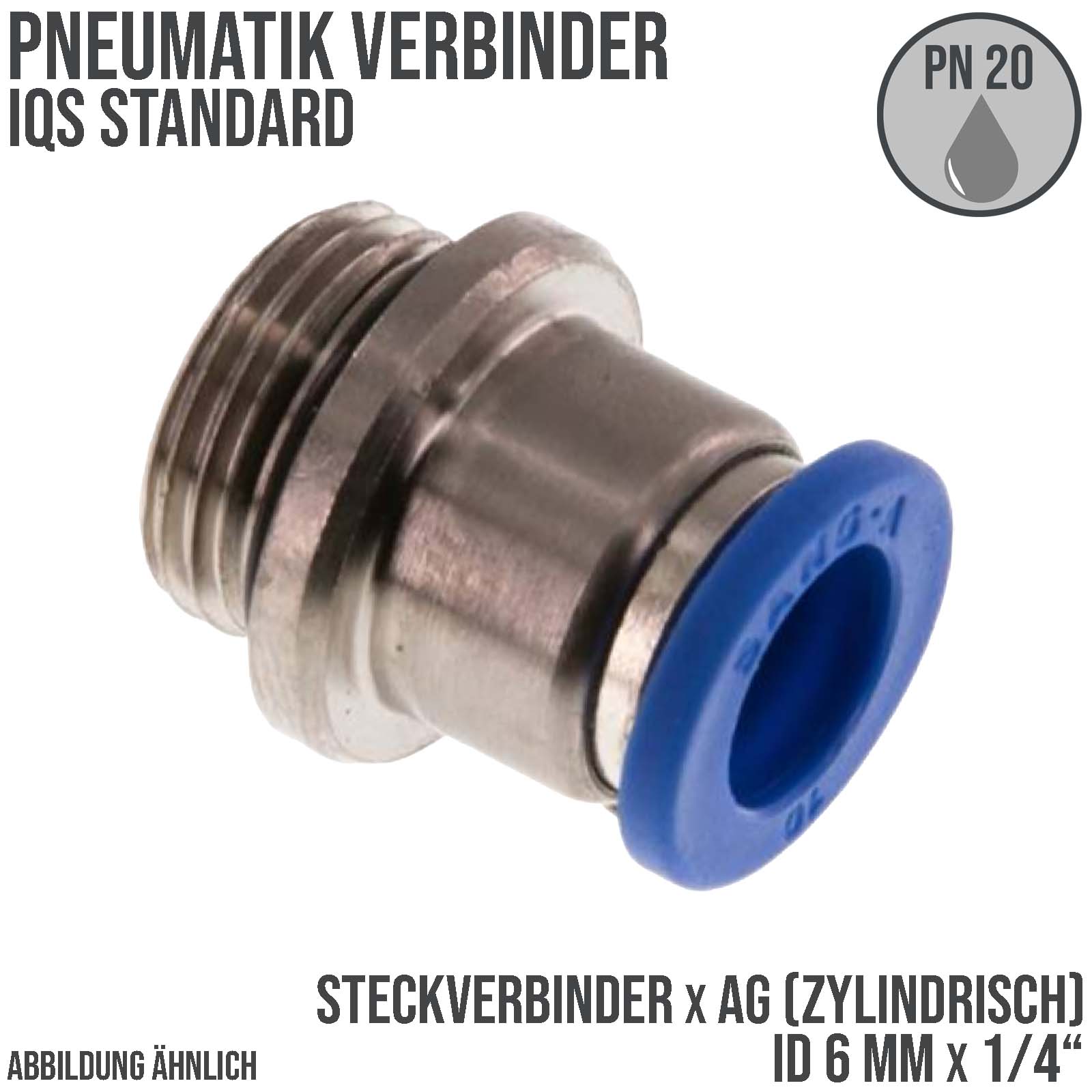 6 mm x 1/4" Pneumatik Schnell Steck Verbinder rund IQS Außengewinde zylindrisch - PN 20 bar