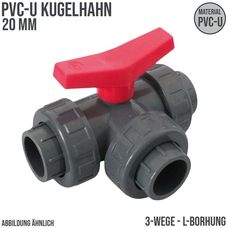 20 mm PVC Kugel Absperr Hahn Ventil L-Bohrung 3-fach Klebemuffe Fitting PN 10 bar - roter Griff