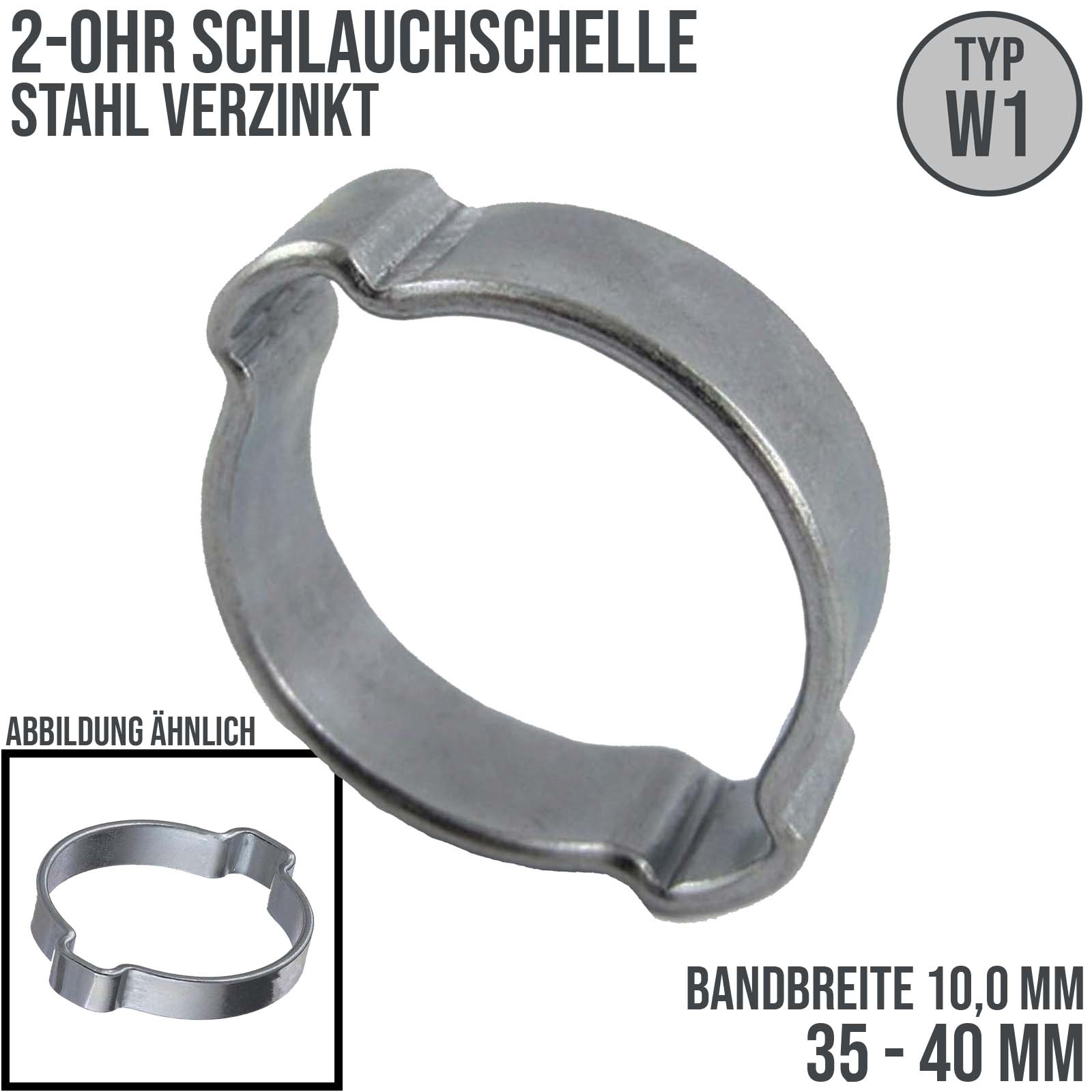 35 - 40 mm 2-Ohr Doppel Schlauch Schelle Stahl verzinkt W1 - Bandbr. 10,0 mm