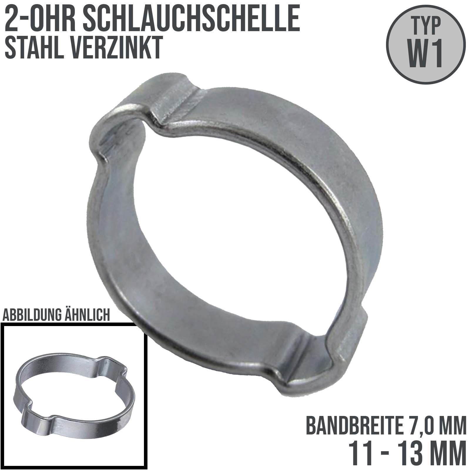 11 - 13 mm 2-Ohr Doppel Schlauch Schelle Stahl verzinkt W1 - Bandbr. 7,0 mm