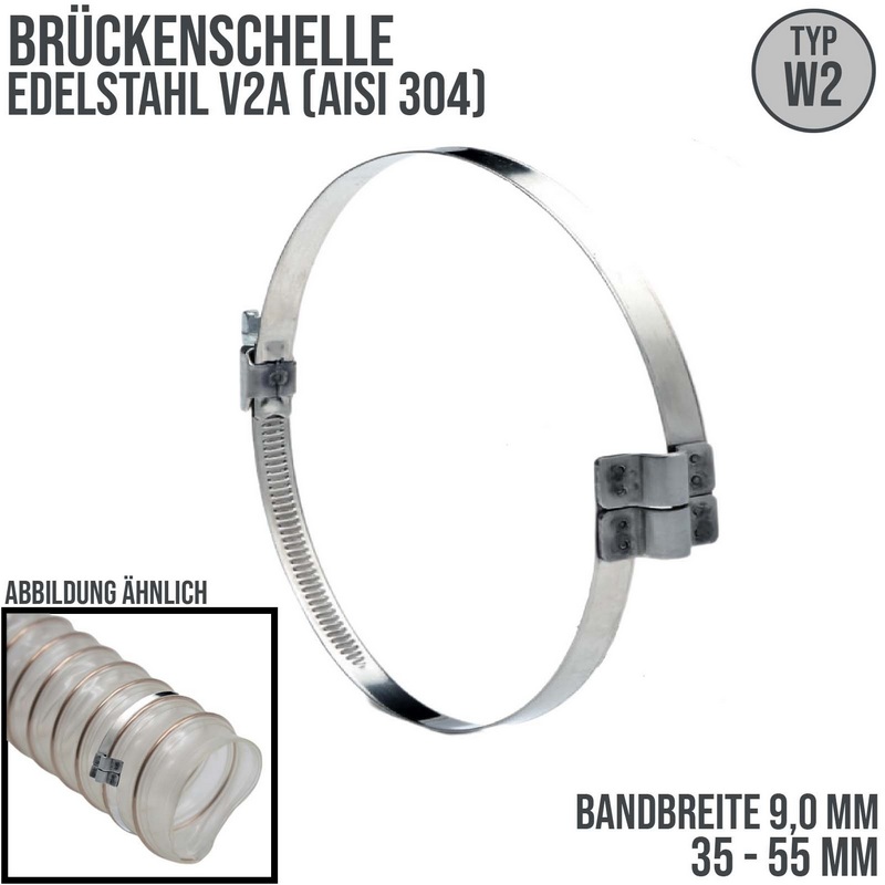 35 - 55 mm Brückenschelle W2 Edelstahl AISI 430 Rohr Schlauch Absaug - Band: 9 mm