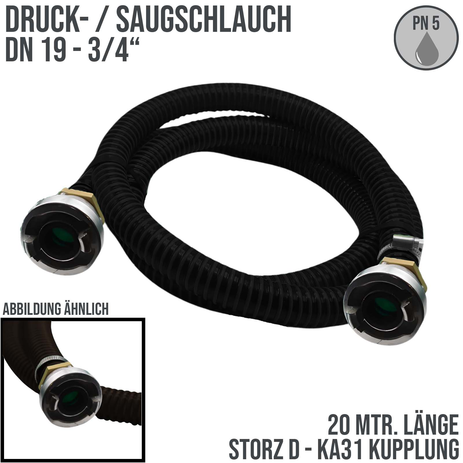 STORZ D DN25 KA31 - 19 mm 3/4" PVC Saug Ansaug Pumpen Spiral Schlauch PN 5 bar schwarz - 20 m Rolle