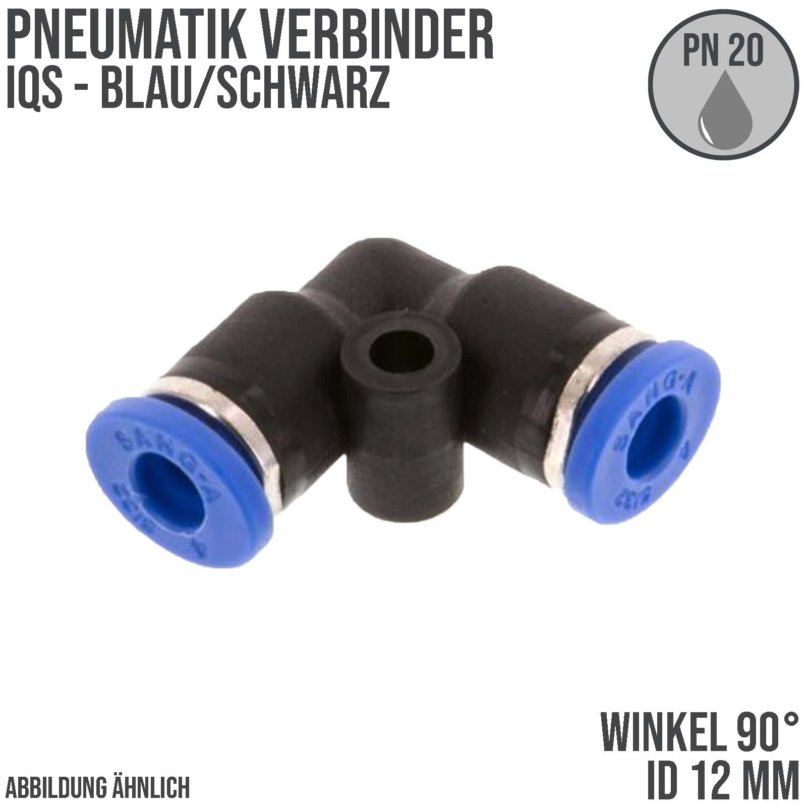 12 mm Pneumatik Schnell Steck Verbinder IQS Winkel 90° blau/schwarz PA PU Schlauch - PN 20 bar