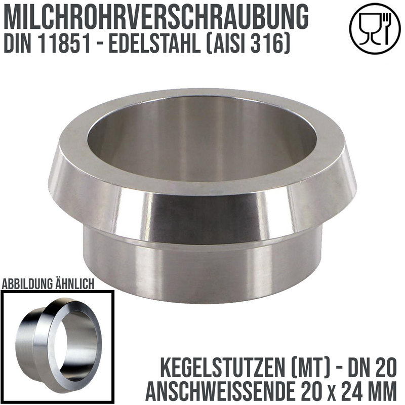 DN 20 Milchrohr Verschraubung DIN 11851 Mutterteil Kegel Stutzen Anschweißende ID x AD 20 x 24 mm - PN 25 bar