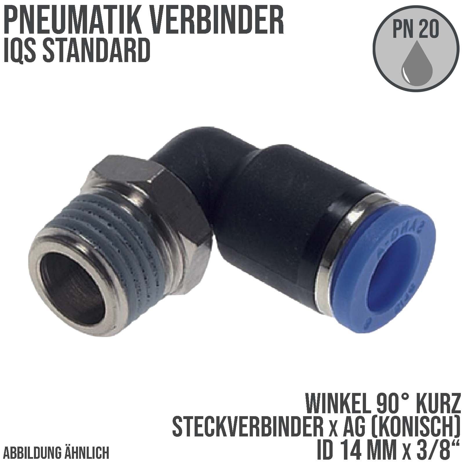 14 mm x 3/8" Pneumatik Steck Verbinder Winkel 90° kurz IQS Außengewinde konisch - PN 20 bar