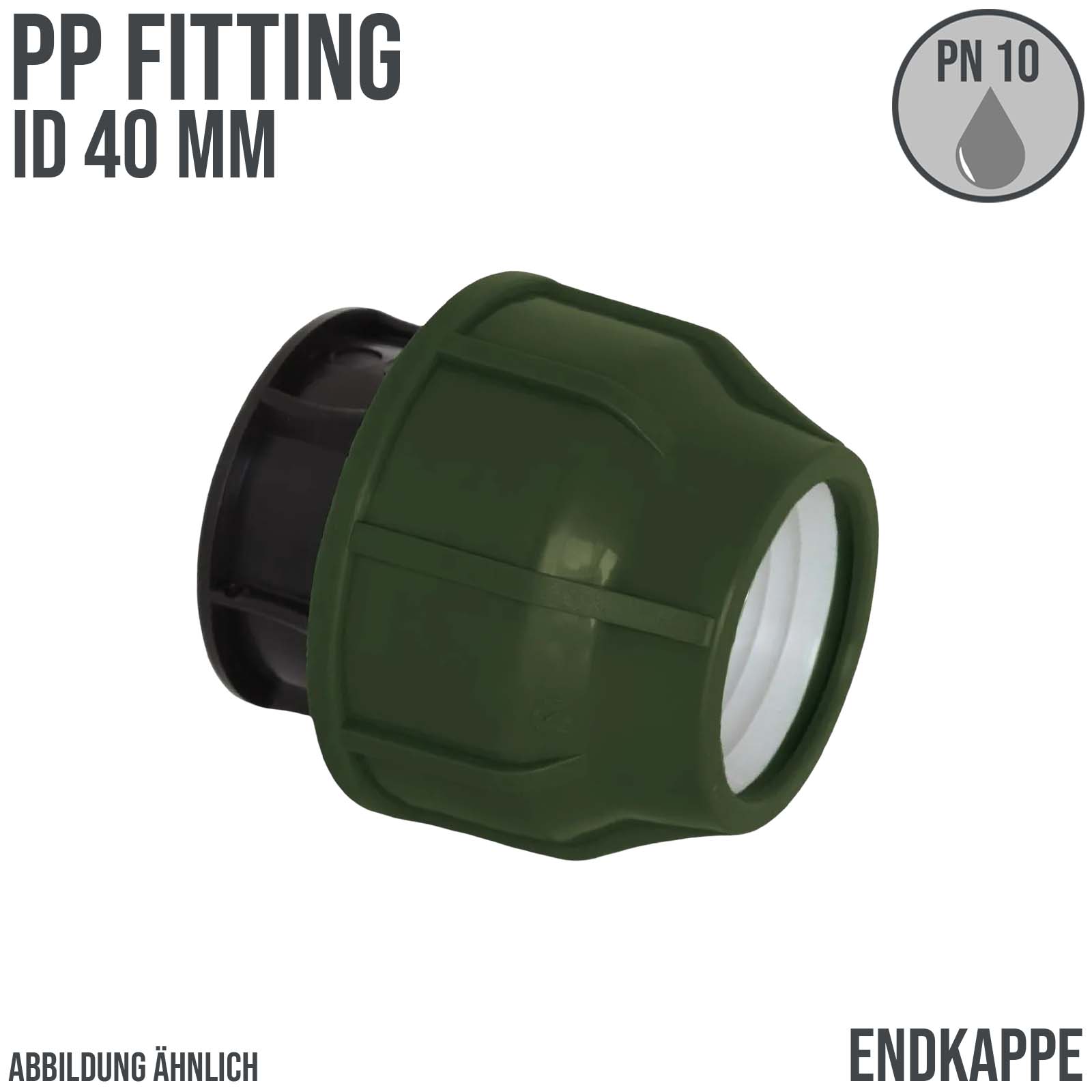 40 mm PE PP Fitting Klemm Verbinder Kappe Endkappe Endstück Muffe Verbinder  schwarz - PN 16 bar