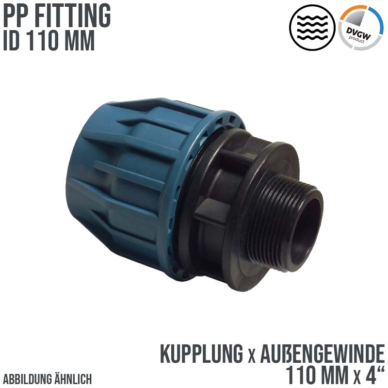 110 mm x 4" PE PP Fitting Klemm Verbinder Verschraubung Muffe Rohr Kupplung x AG DVGW - PN 16 bar