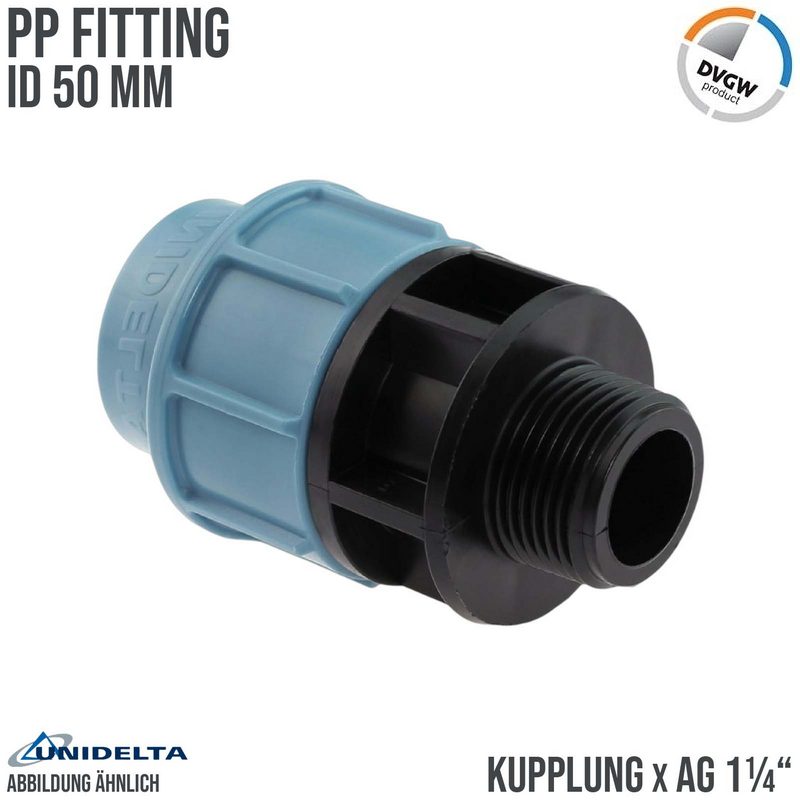 50 mm x 1 1/4" PE PP Fitting Klemm Verbinder Verschraubung Muffe Rohr Kupplung x AG DVGW - Unidelta