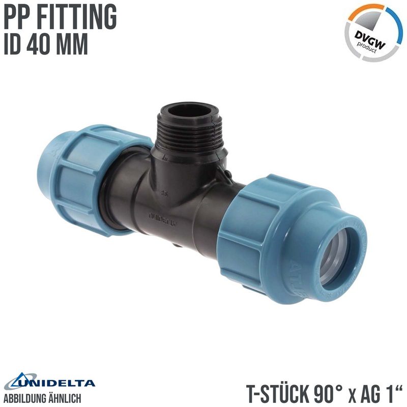 40 mm x 1" PE PP Fitting Klemm Verbinder Verschraubung Rohr T-Stück 90° x AG DVGW - Unidelta
