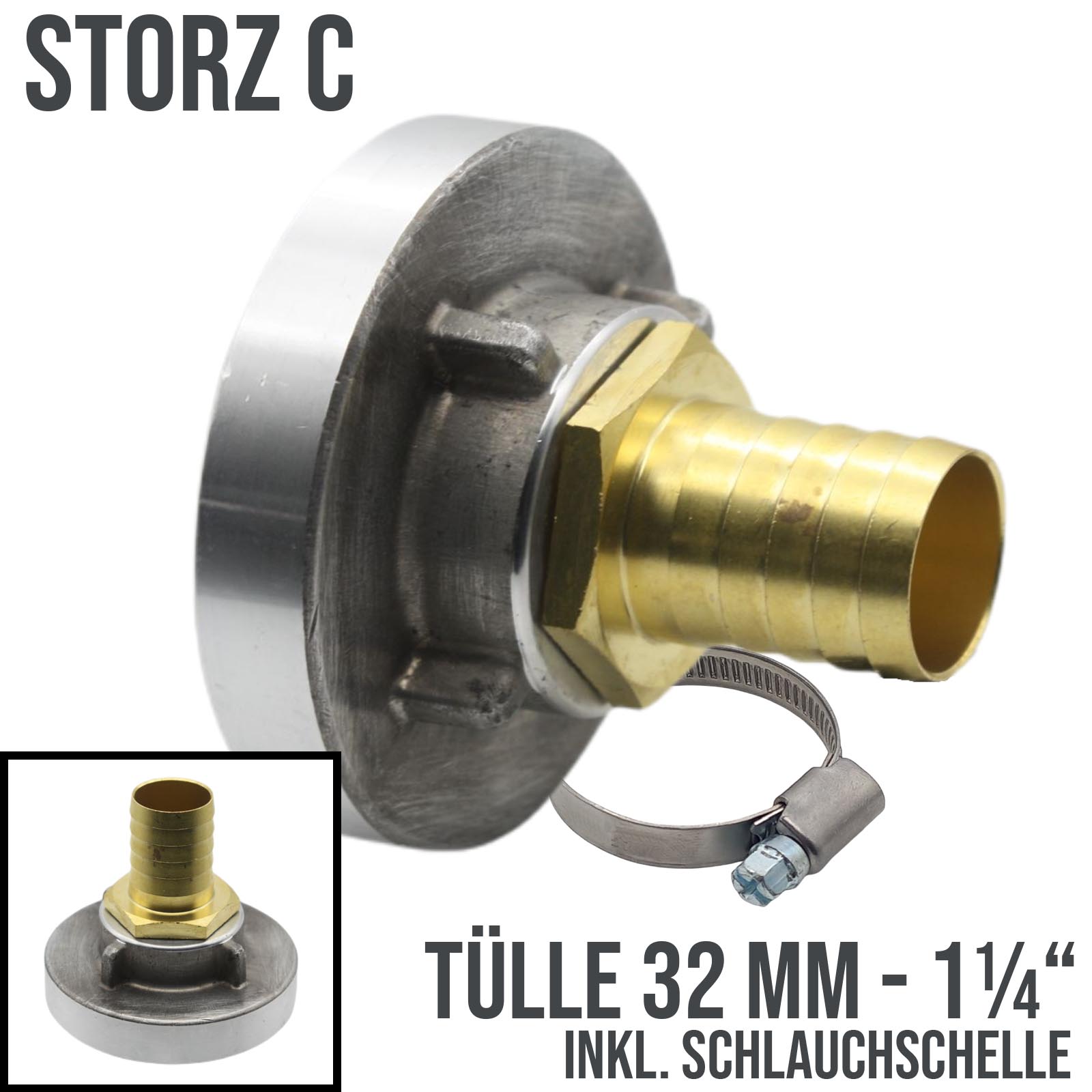STORZ C DN 52 KA 66 Übergangsstück Adapter -> Tülle Stutzen 32 mm 1 1/4" Zoll Messing Pumpen Anschluss