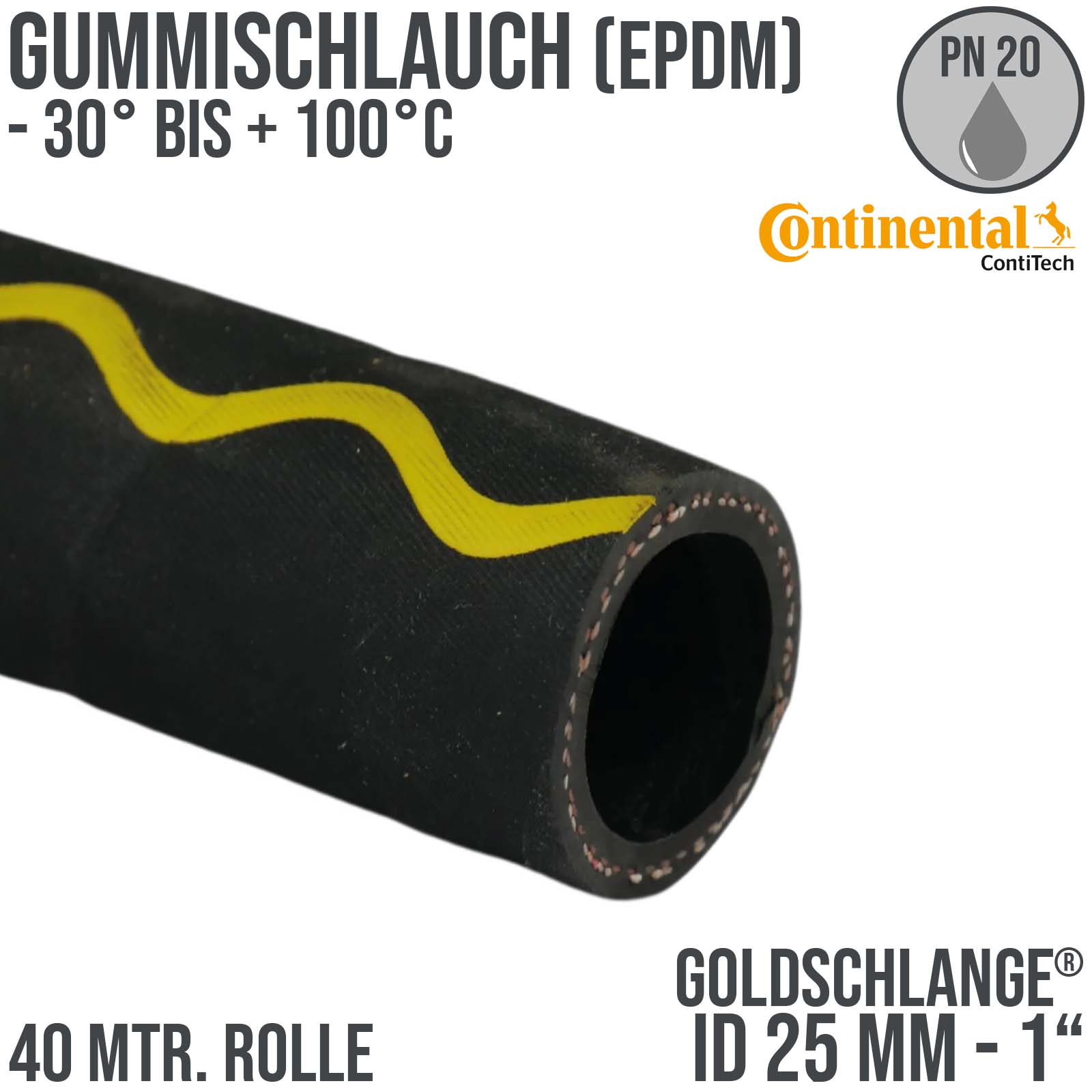 25 mm 1" Zoll Hochleistungs Gummi Wasser Schlauch EPDM - CONTI GOLDSCHLANGE® PN 20 bar 40 m Rolle