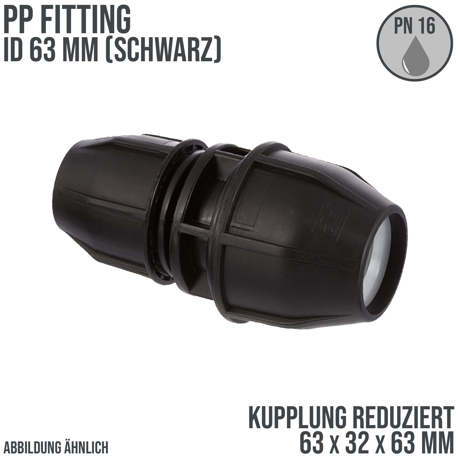 63 x 32 x 63 mm PE PP Fitting Klemm Verbinder Verschraubung Muffe reduziert T-Stück 90° schwarz - PN 16 bar
