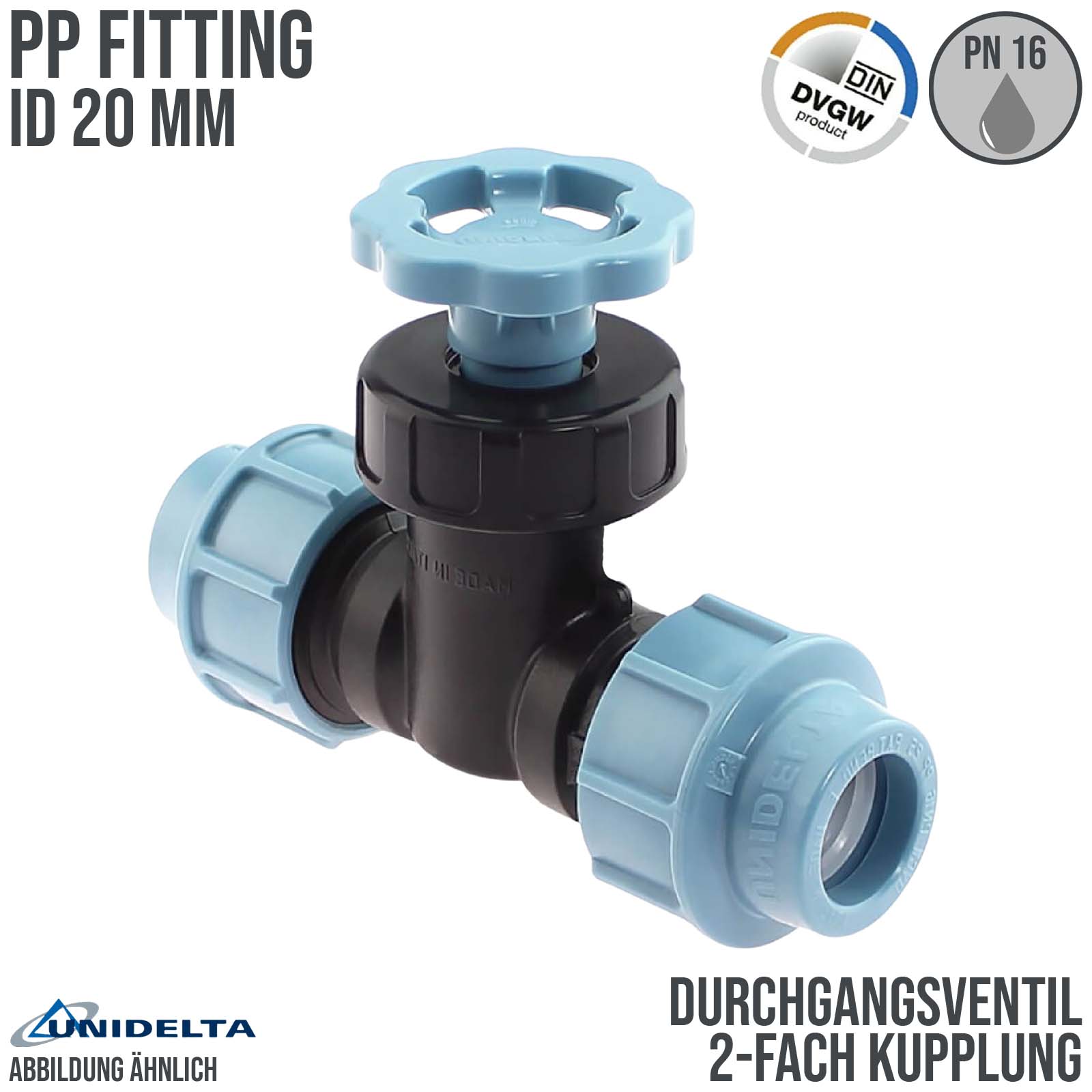 20 mm PE PP Durchgangsventil 2-fach Klemm Muffe Kupplung PN 16 bar DVGW KIWA WRAS Unidelta