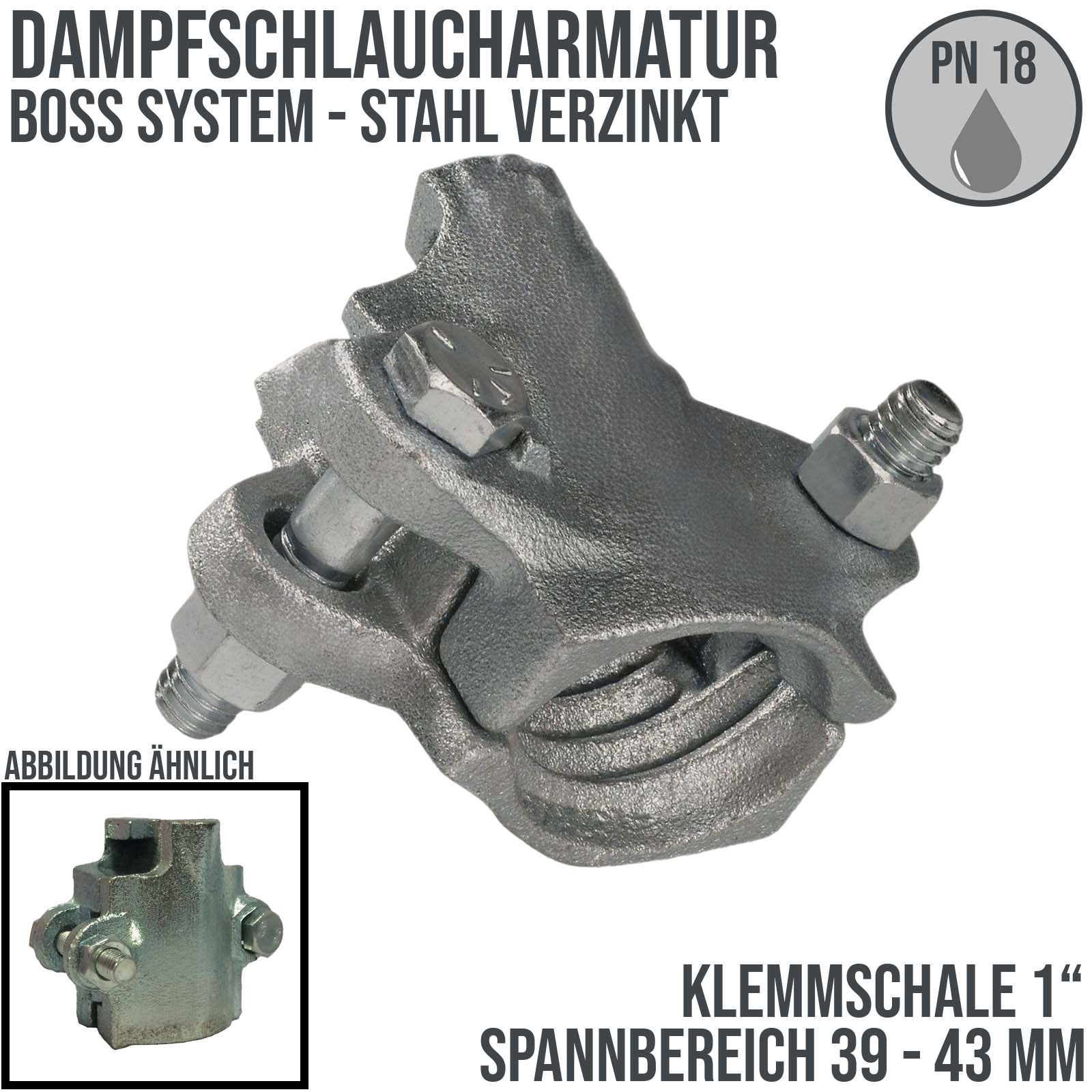 1" BOSS Klemmschale Dampfschlaucharmatur Edelstahl AISI 316 - Spannbereich 39 - 43 mm - PN 18 bar