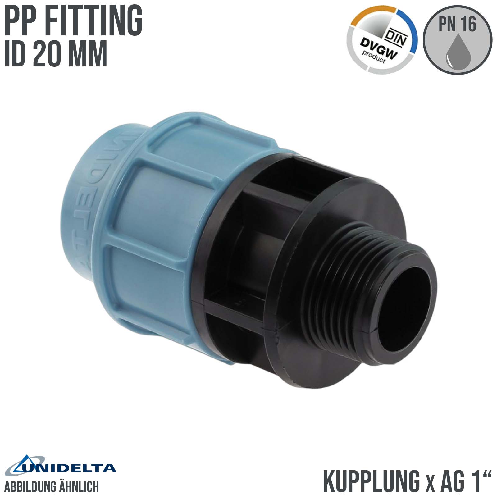 20 mm x 1" PE PP Fitting Klemm Verbinder Verschraubung Muffe Rohr Kupplung x AG DVGW - Unidelta