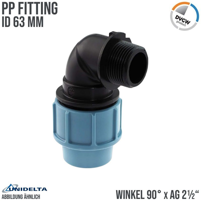 50 mm x 2" PE PP Fitting Klemm Verbinder Verschraubung Rohr Winkel 90° x AG DVGW - Unidelta
