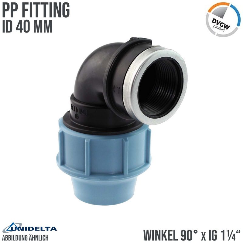 40 mm x 1 1/4" PE PP Fitting Klemm Verbinder Verschraubung Rohr Winkel 90° x IG DVGW - Unidelta