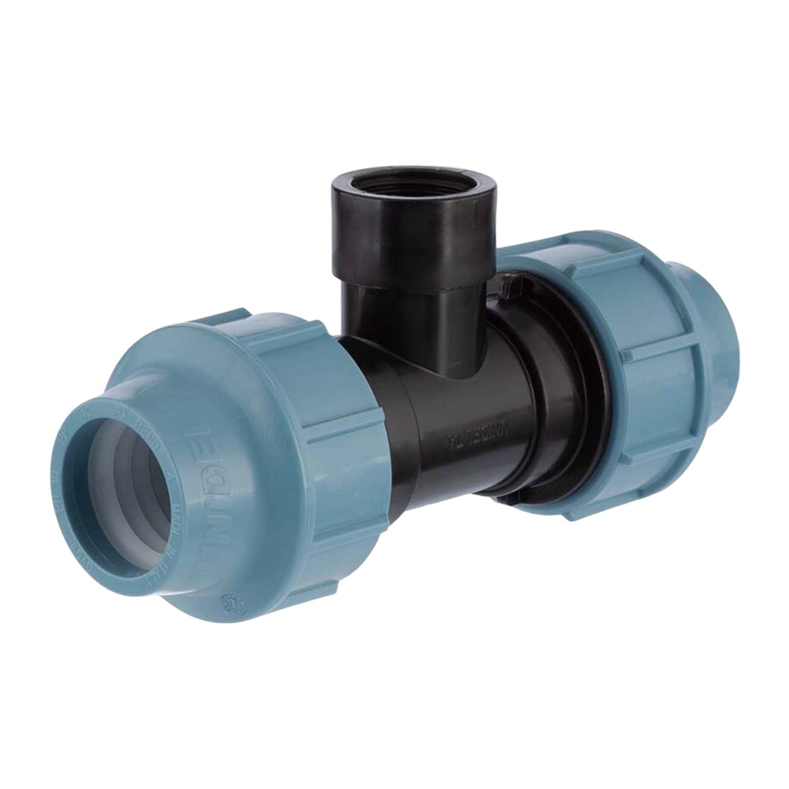 40 mm x 1" PE PP Fitting Klemm Verbinder Verschraubung Rohr T-Stück 90° x IG DVGW - Unidelta 