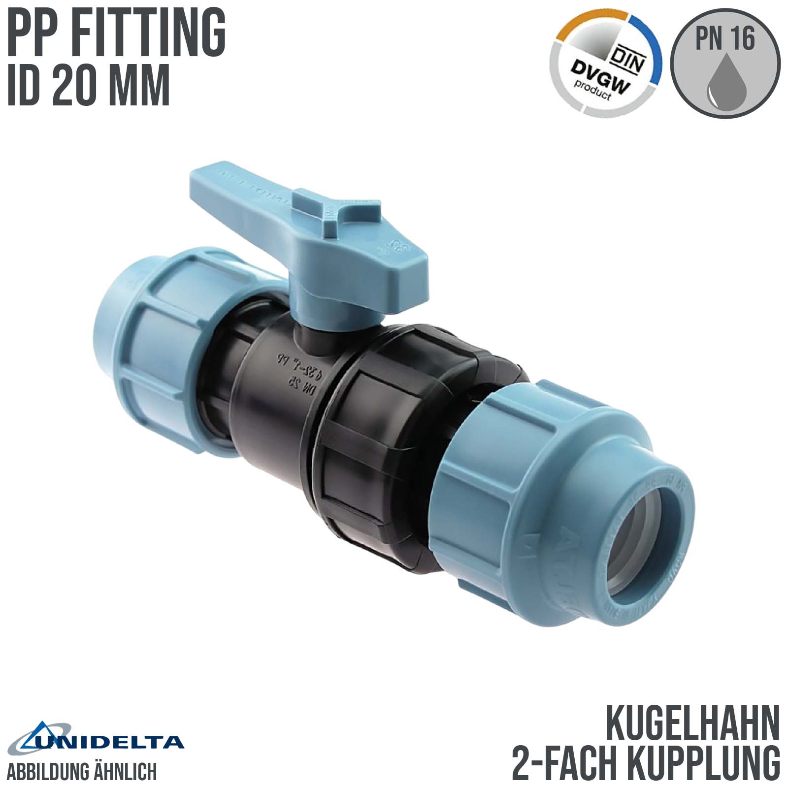 20 mm PE PP Kugelhahn 2-fach Klemm Muffe Kupplung PN 16 bar DVGW KIWA WRAS Unidelta