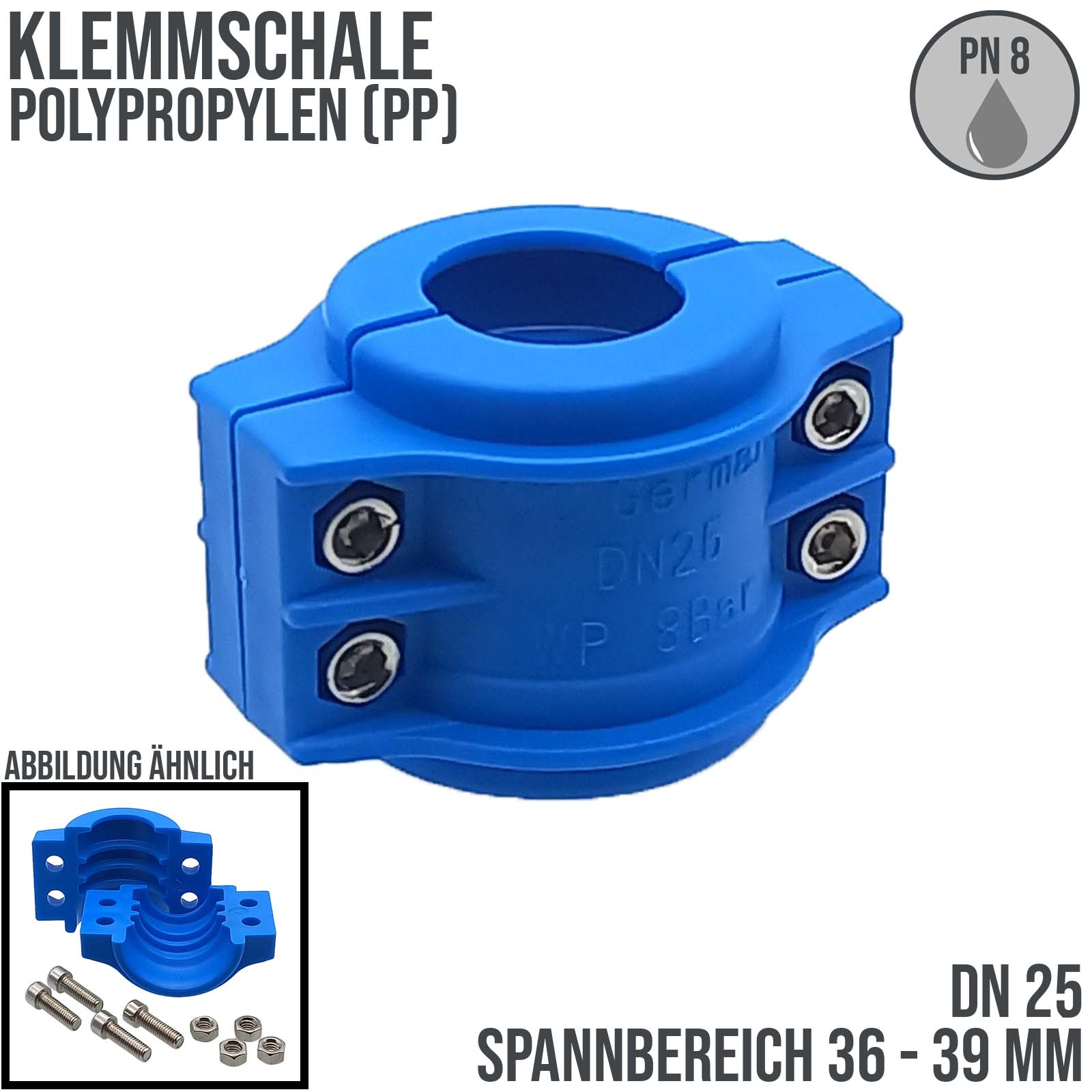 DN 25 Klemmschale Polypropylen PP blau Spannbereich 36 - 39 mm für Schlauch ID x AD 25 x 37 mm - PN 8 bar