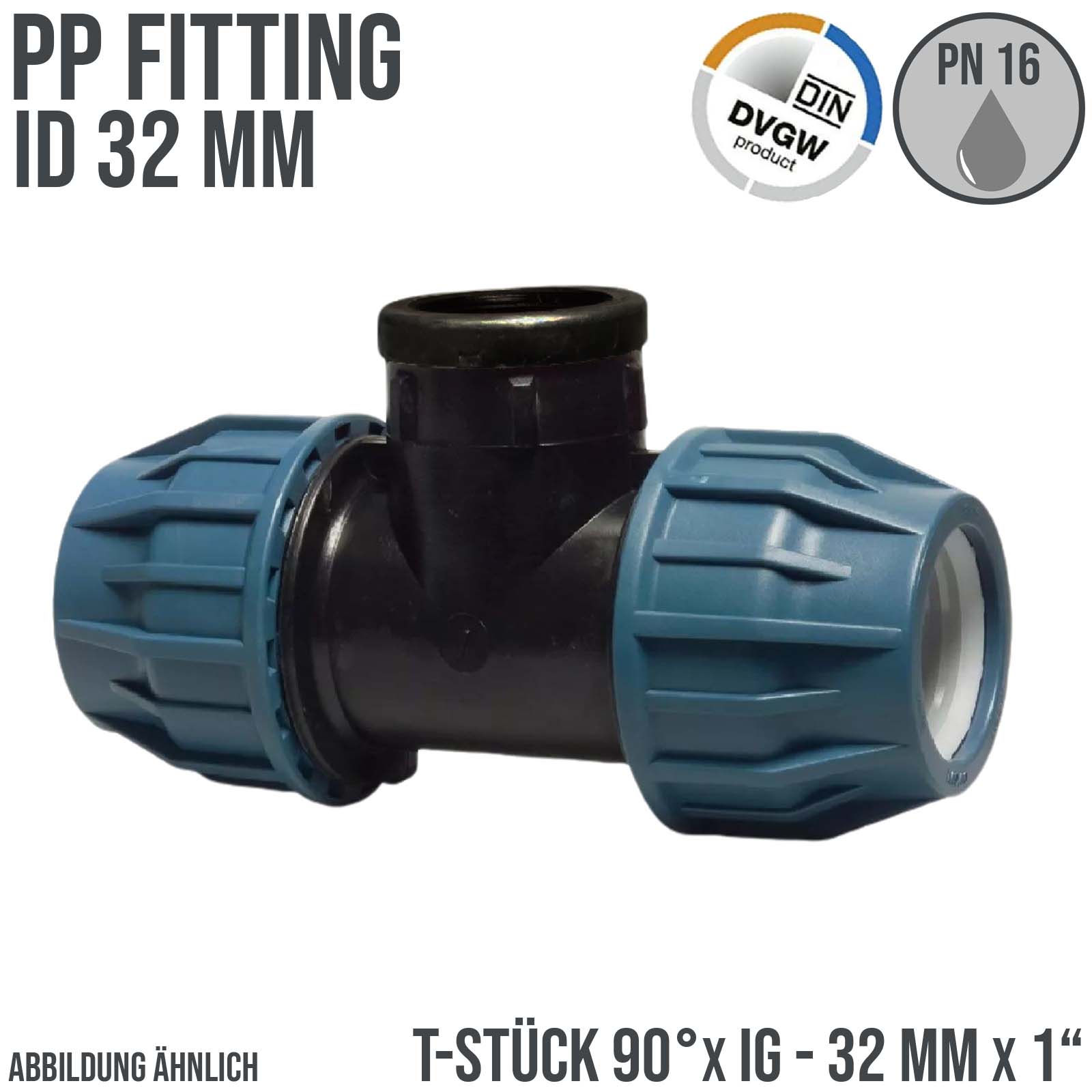 32 mm x 1" PE PP Fitting Klemm Verbinder Verschraubung Rohr T-Stück 90° x IG DVGW - PN 16 bar 