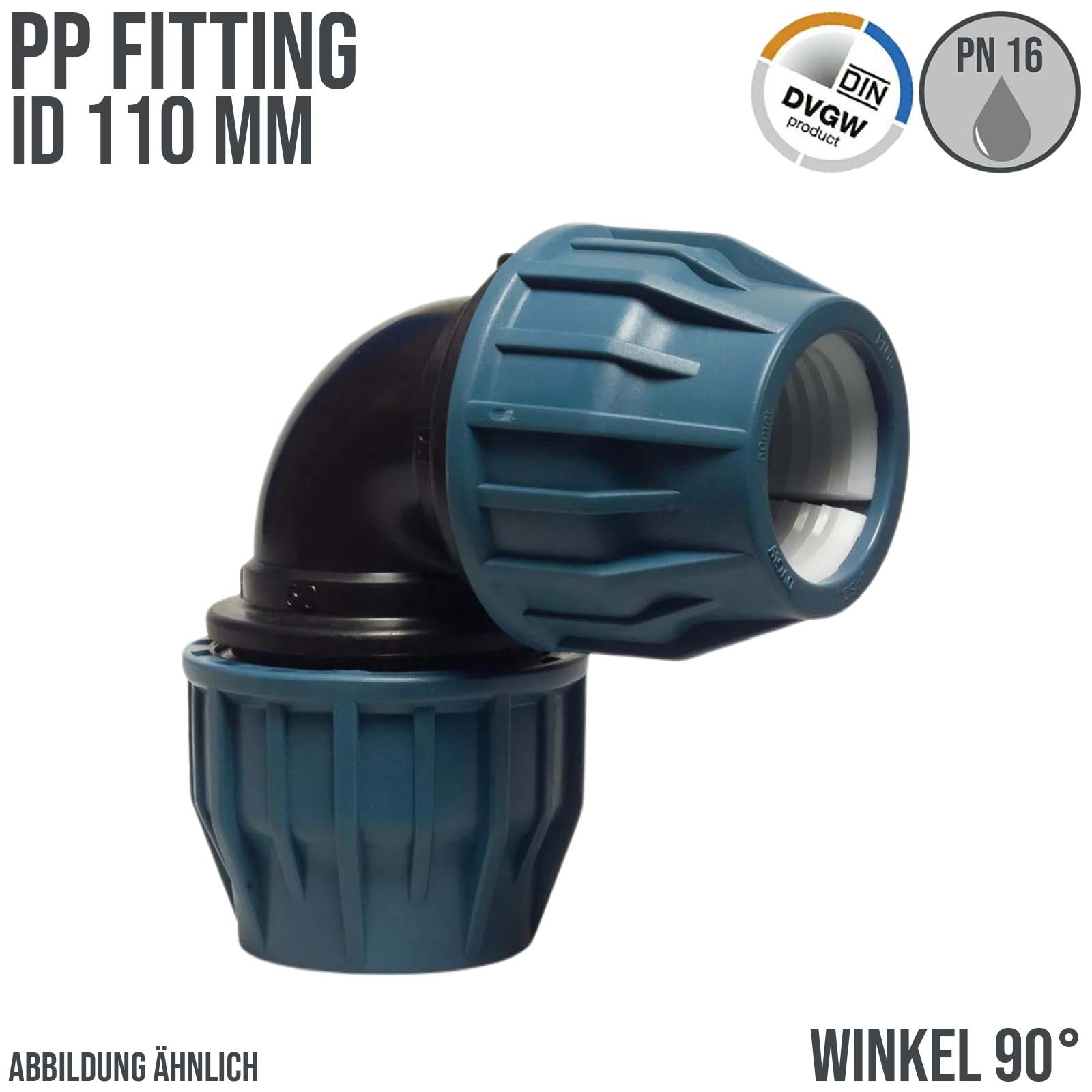 110 mm PE PP Fitting Klemm Verbinder Verschraubung Muffe Rohr Winkel 90° DVGW - PN 16 bar