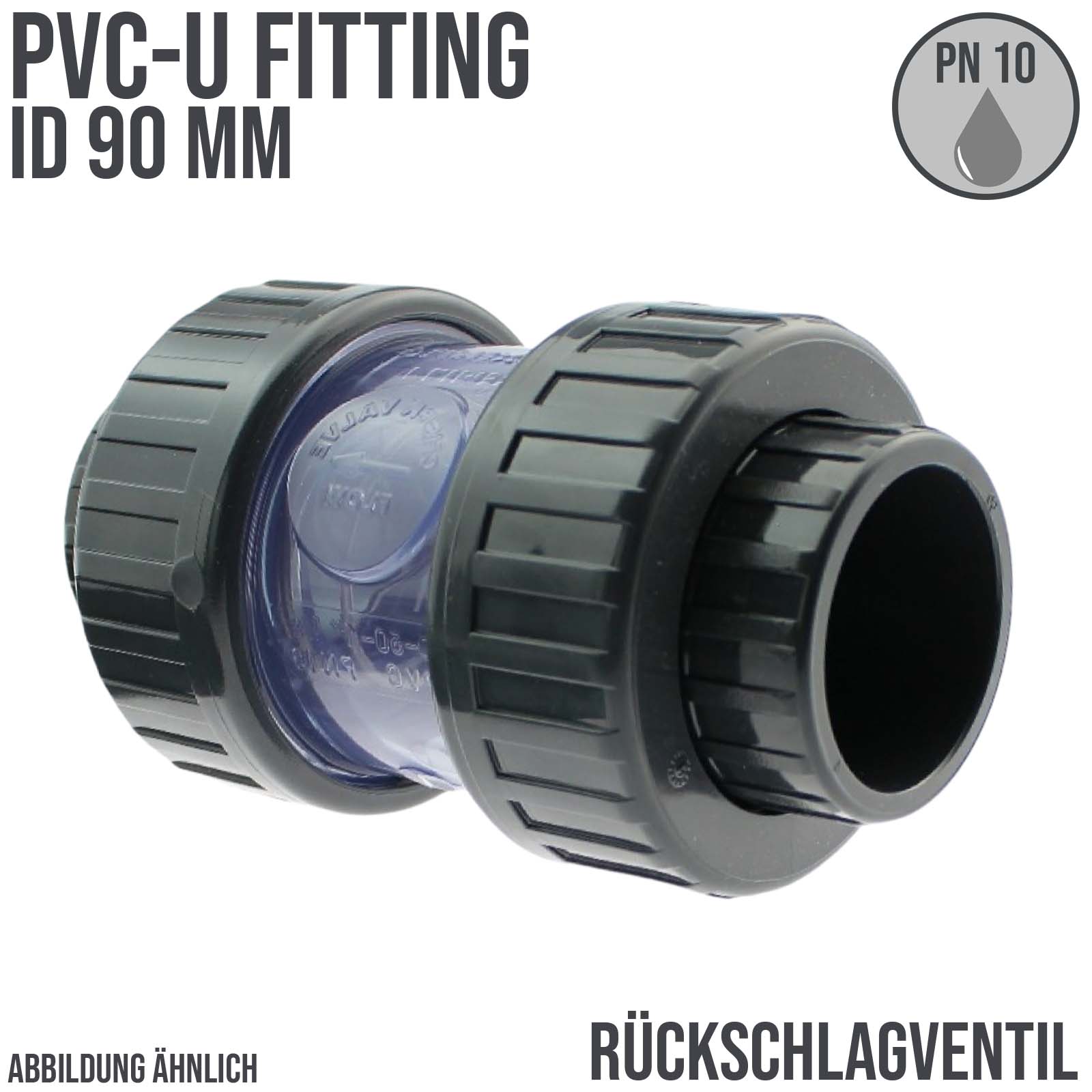 90 mm PVC Rückschlag Ventil federbelastet Klebe Muffe transparent grau - PN 10 bar