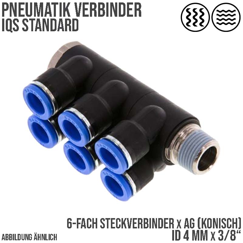 4 mm x 3/8" Pneumatik Steck Verbinder 6-fach Verteiler IQS Außengewinde konisch - PN 20 bar