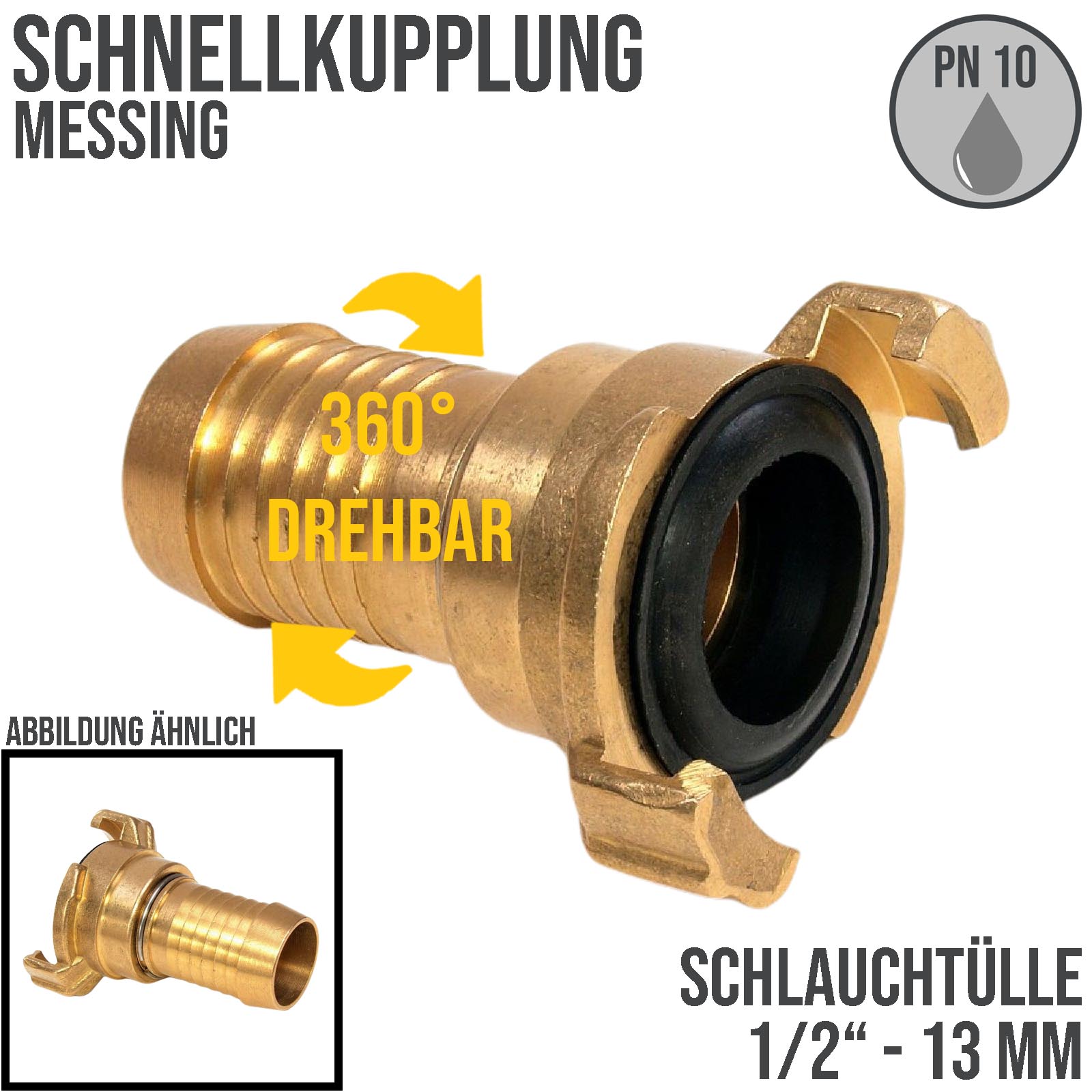 1/2" 13 mm  Messing Schlauch Schnell Kupplung Tülle drehbar (GEKA kompatibel) - PN 10 bar