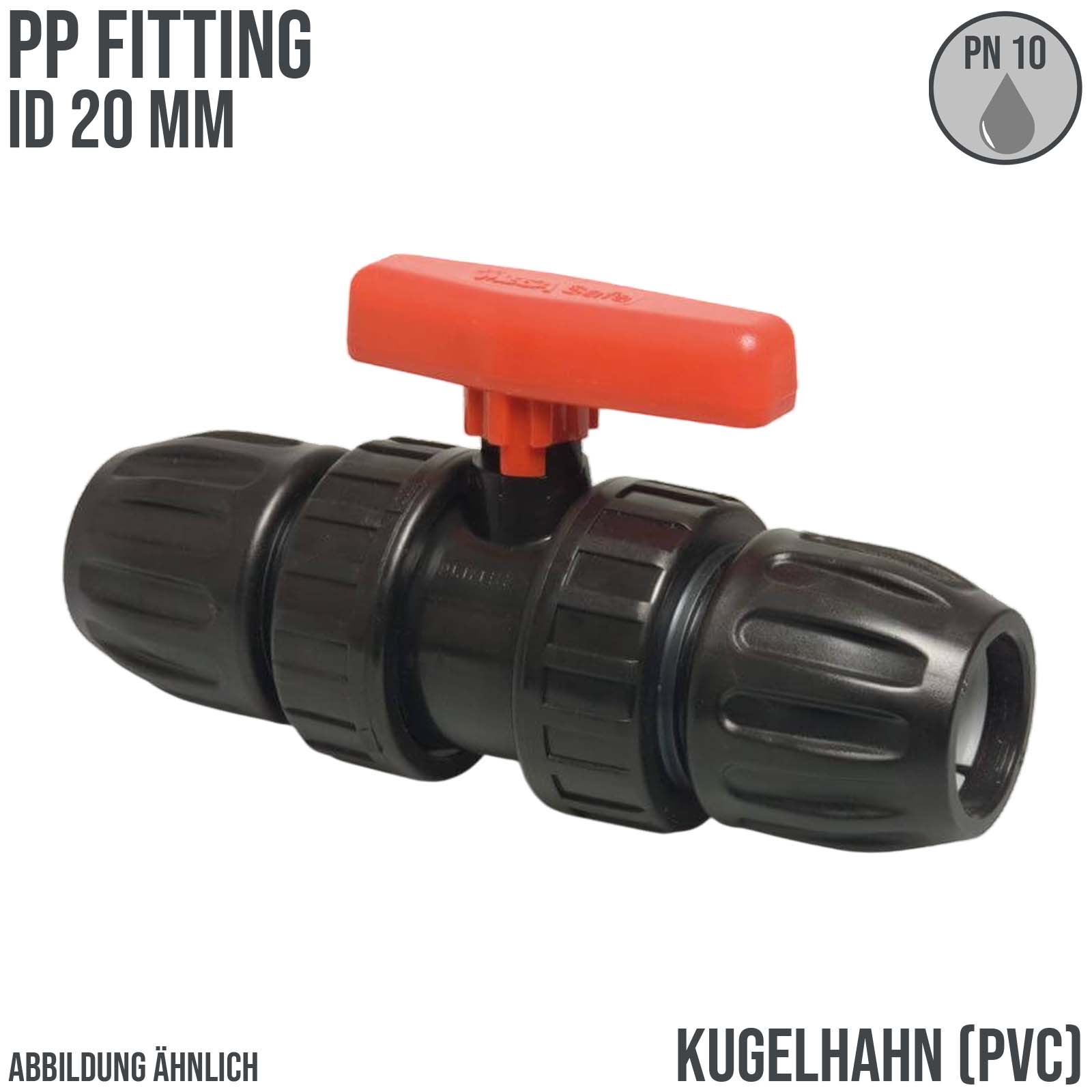 20 mm PE PP Kugelhahn 2-fach Klemm Muffe Kupplung schwarz/rot PN 10 bar
