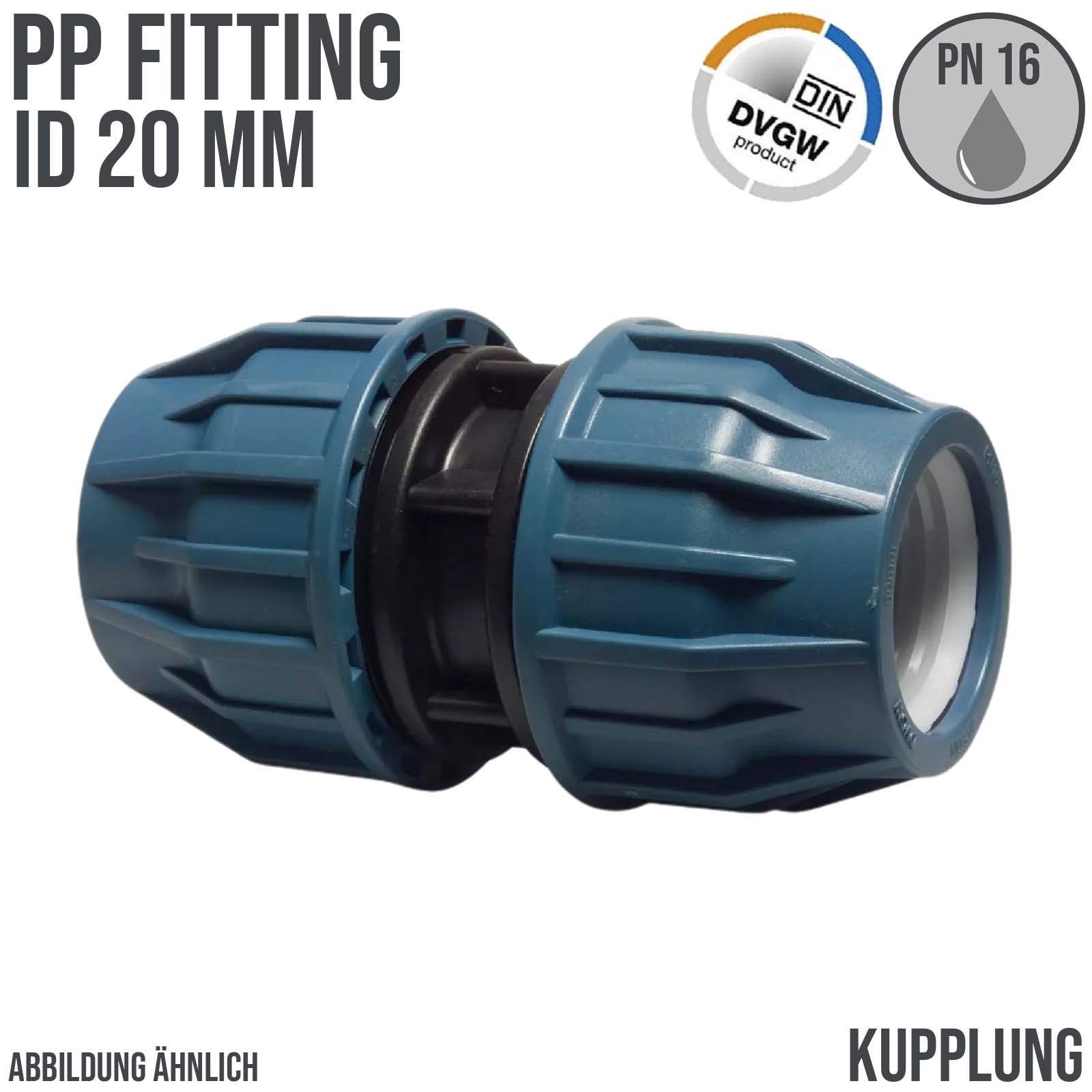 20 mm PE PP Fitting Klemm Verbinder Verschraubung Muffe Rohr Kupplung DVGW - PN 16 bar