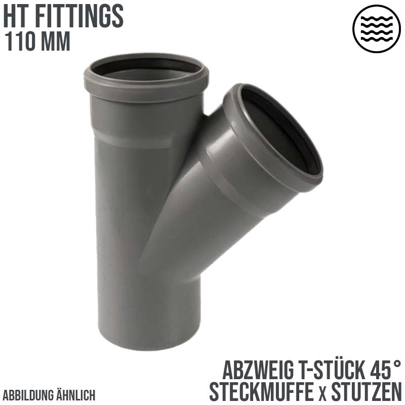 110 mm PP T-Stück 45° Abzweig Abfluß Abwasser HT KG Rohr Steckmuffe x Stutzen grau