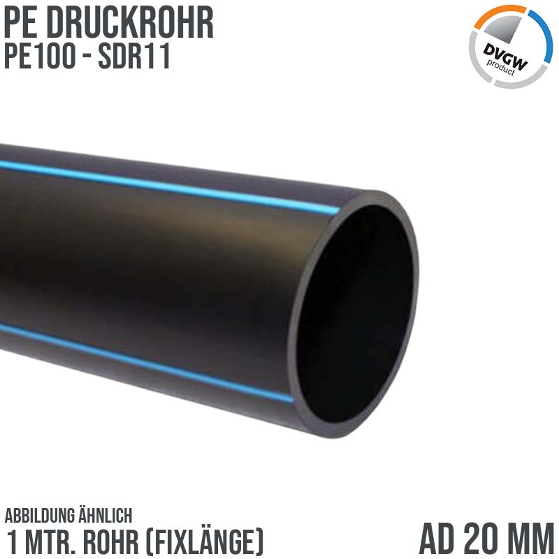 20 x 2,0 mm PE PP Rohr HD Druckrohr Trink Brauch Wasser PE 100 DVGW SDR 11 PN 16 bar - 1 m Fixlange