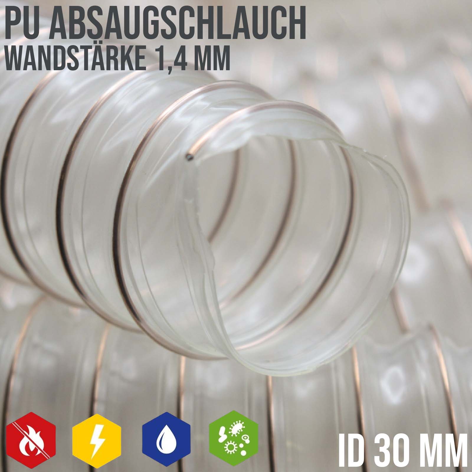 30 mm PU Saug Ansaug Druck Spiral Flex Staub Holz Metall Späne Schlauch Anlage - Wandstärke 1,4 mm - PN 3,75 bar