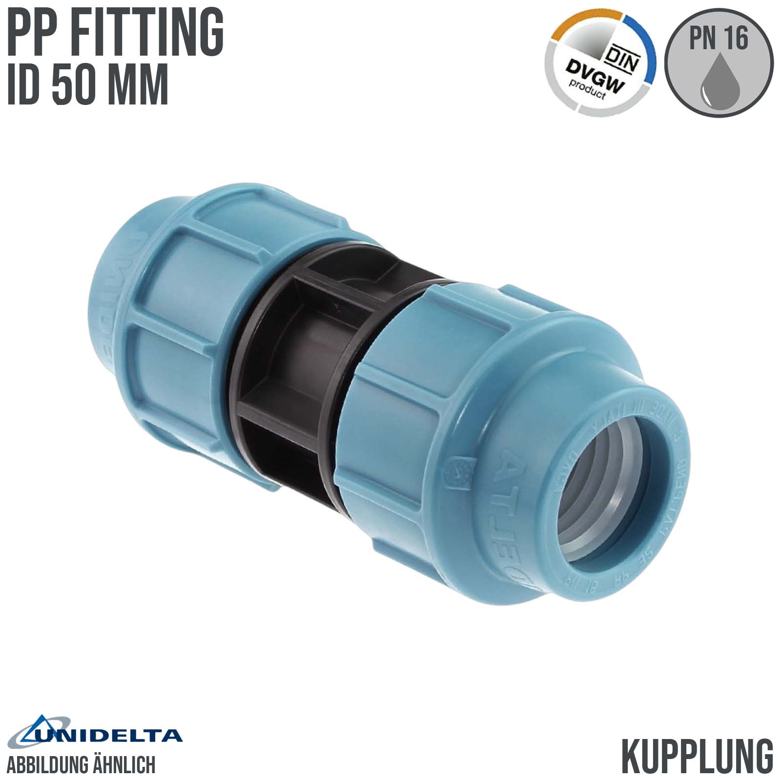 50 mm PE PP Fitting Klemm Verbinder Verschraubung Muffe Rohr Kupplung DVGW - Unidelta