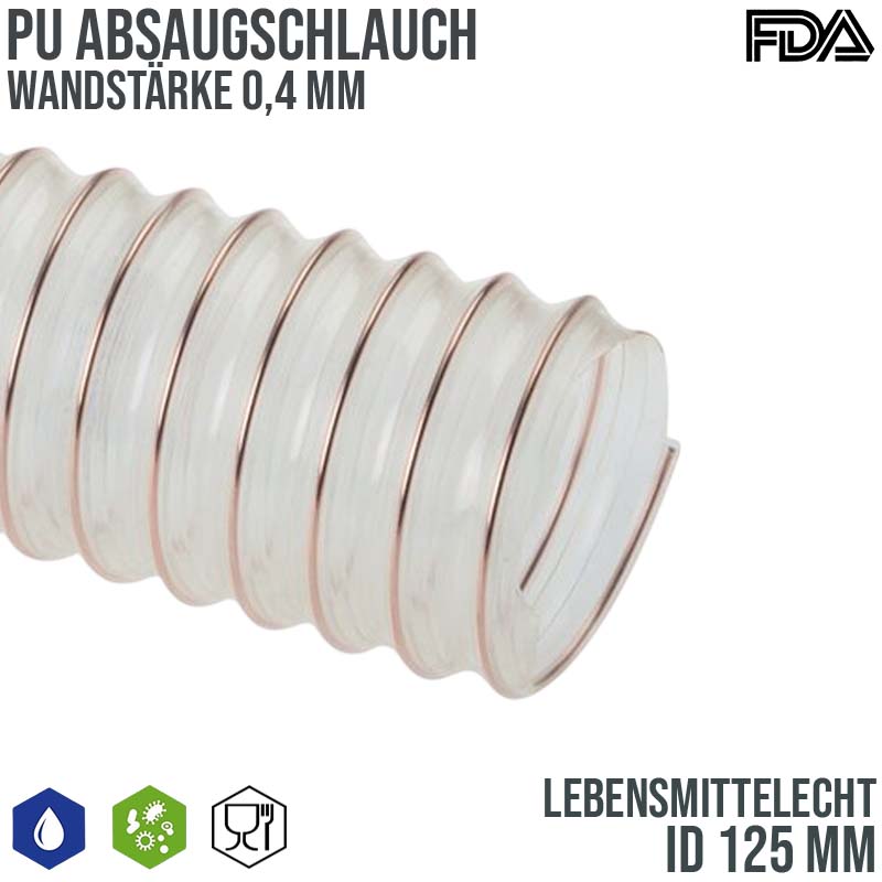 125 mm PU Saug Ansaug Druck Spiral Flex FDA Lebensmittel Schlauch - Wandstärke 0,4 mm  - PN 0,18 bar