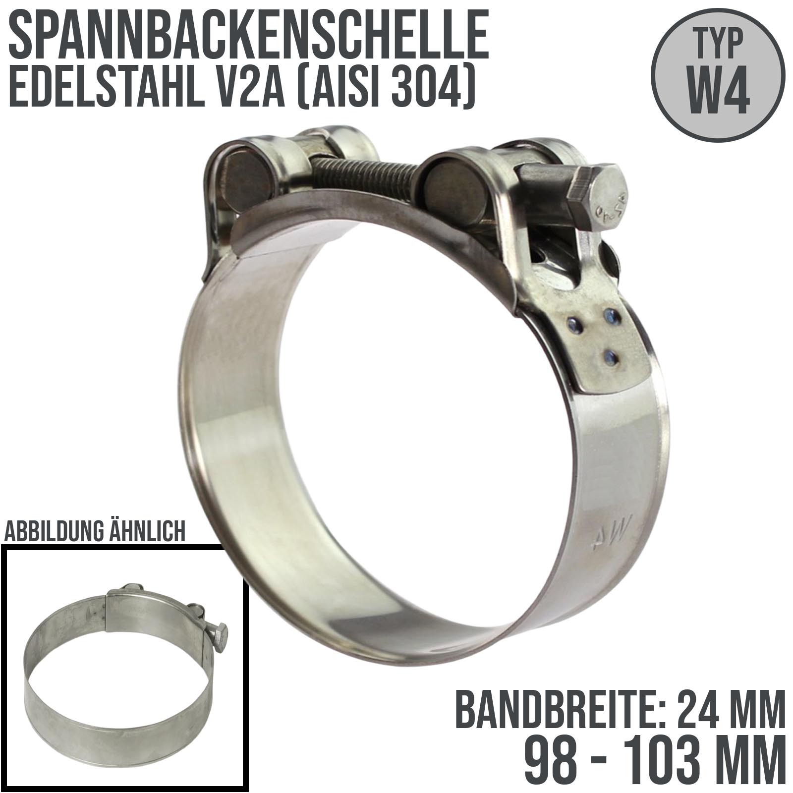 98 x 103 mm Gelenkbolzen (GBS) Spannbacken Panzer Schelle Edelstahl ASIS 304 Typ W4 - Bandbr.: 24 mm