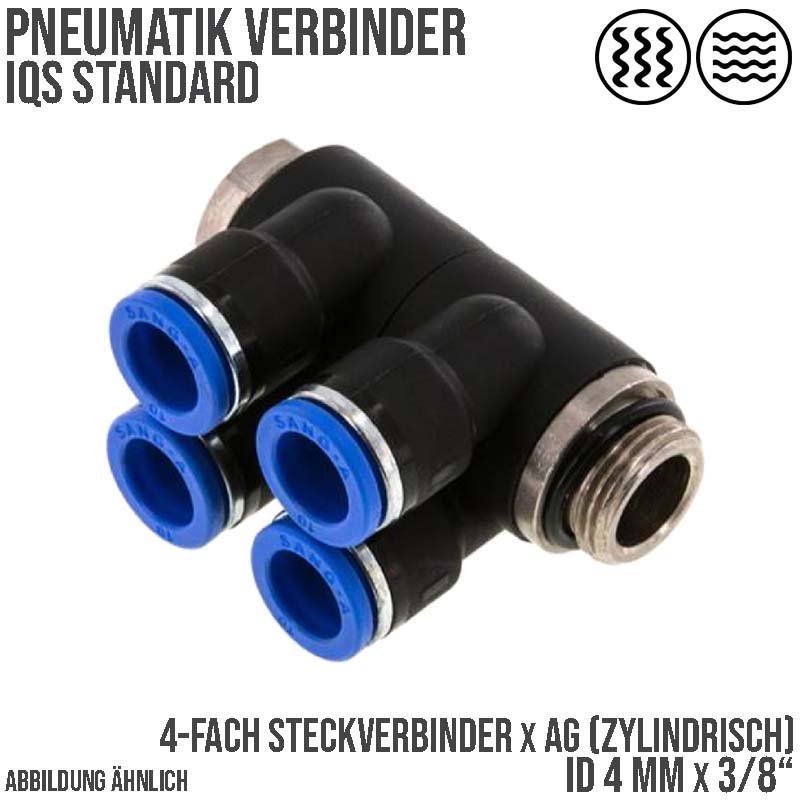 4 mm x 3/8" Pneumatik Steck Verbinder 4-fach Verteiler IQS Außengewinde zylindrisch - PN 20 bar