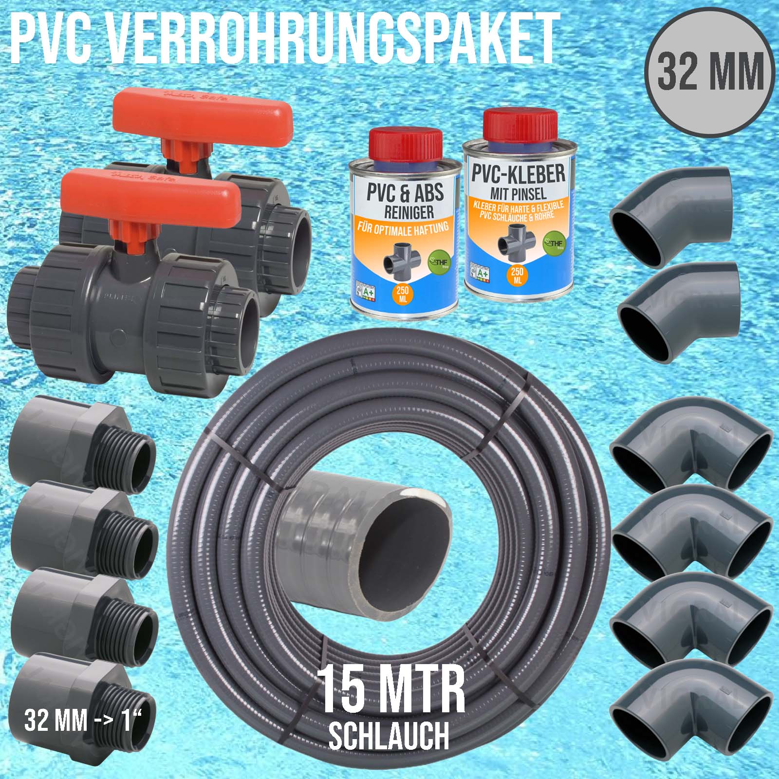 32 mm PVC Klebe Fittings Verrohrungspaket Pool Schwimmbad Schlauch FLEX (1") - 15 m - rot