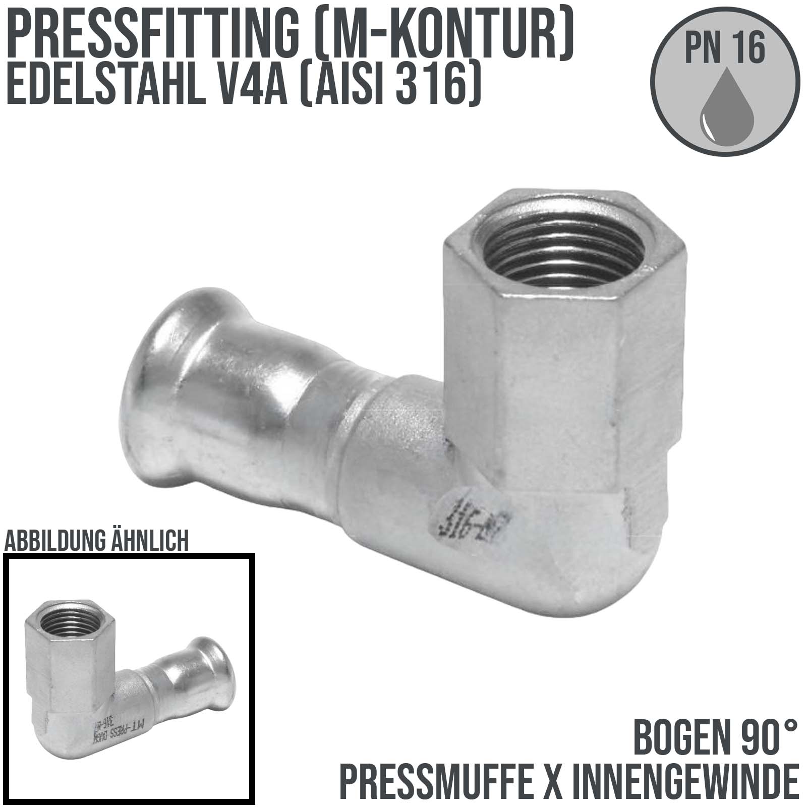 35 mm x 1 1/4" Winkel 90° Muffe x Innengewinde IG Edelstahl AISI 316 Fittings PN 16 bar