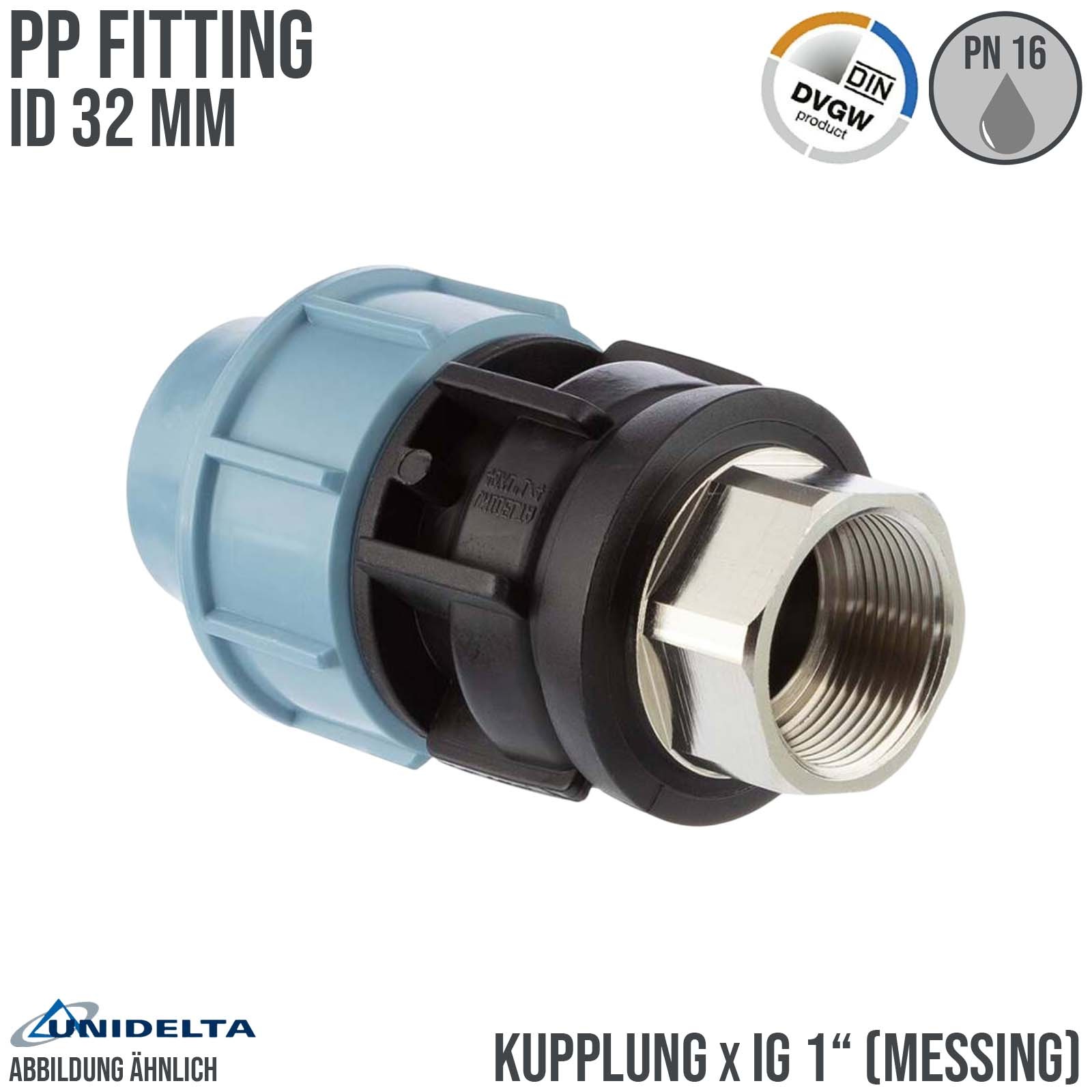 32 mm x 1" PE PP Fitting Klemm Verbinder Muffe Rohr Kupplung x Messing IG DVGW - Unidelta