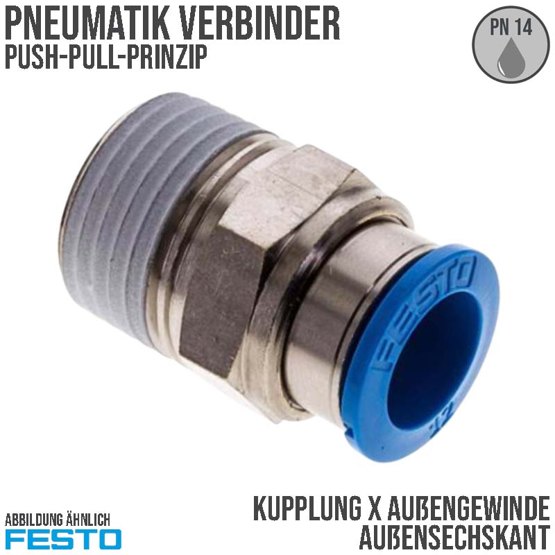 16 mm x 1/2" Pneumatik Schnell Steck Verbinder Außengewinde AG blau/schwarz ASK QS-1/2-16 (153011) - PN 14 bar