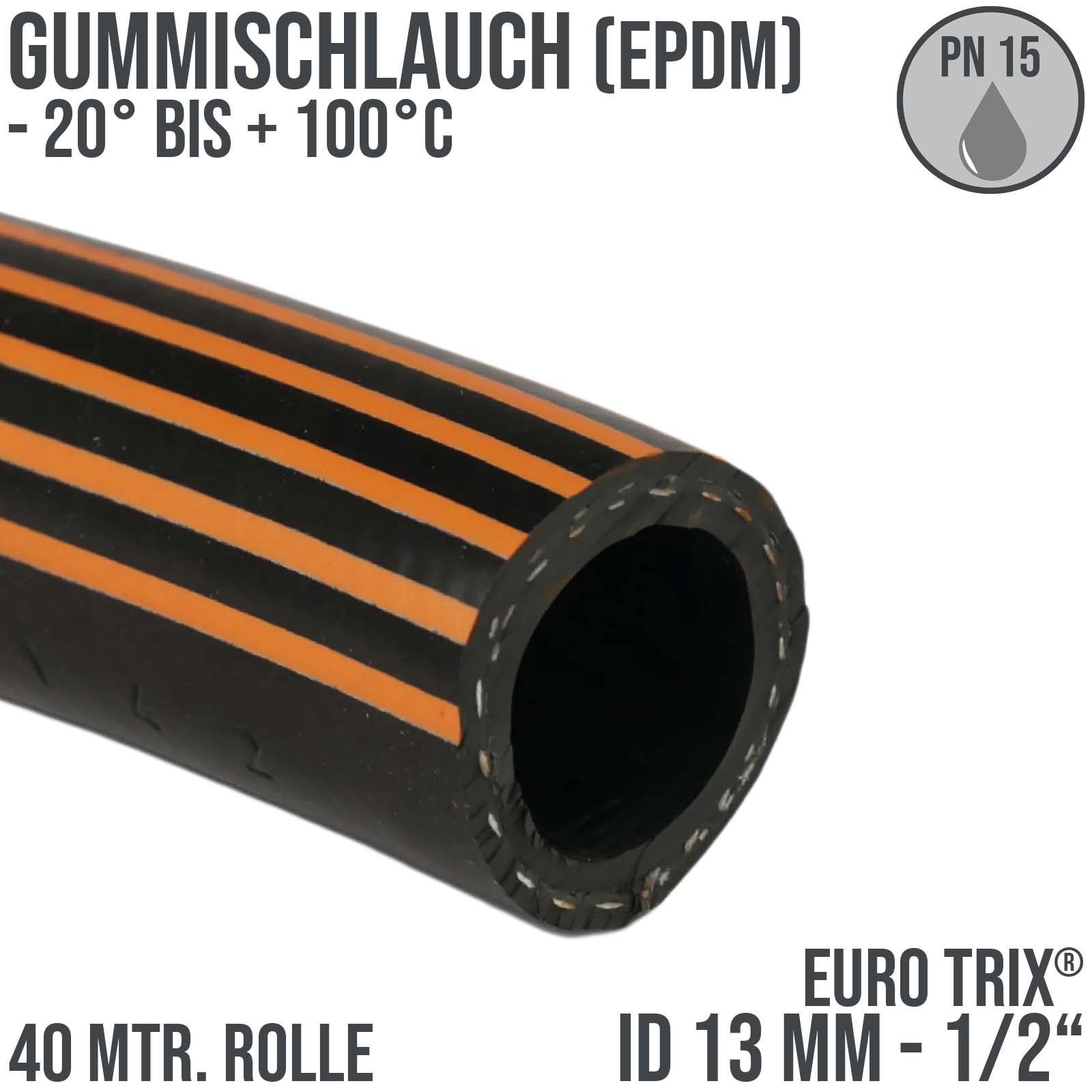 13 mm 1/2" Zoll Hochleistungs Gummi Wasser Schlauch EPDM - CONTI EURO TRIX® - PN 15 bar - 40 m