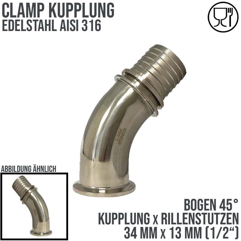 CLAMP Kupplung 45° Bogen 34 mm Schlauch Stutzen Tülle Rillen 13 mm 1/2" - PN 16 bar