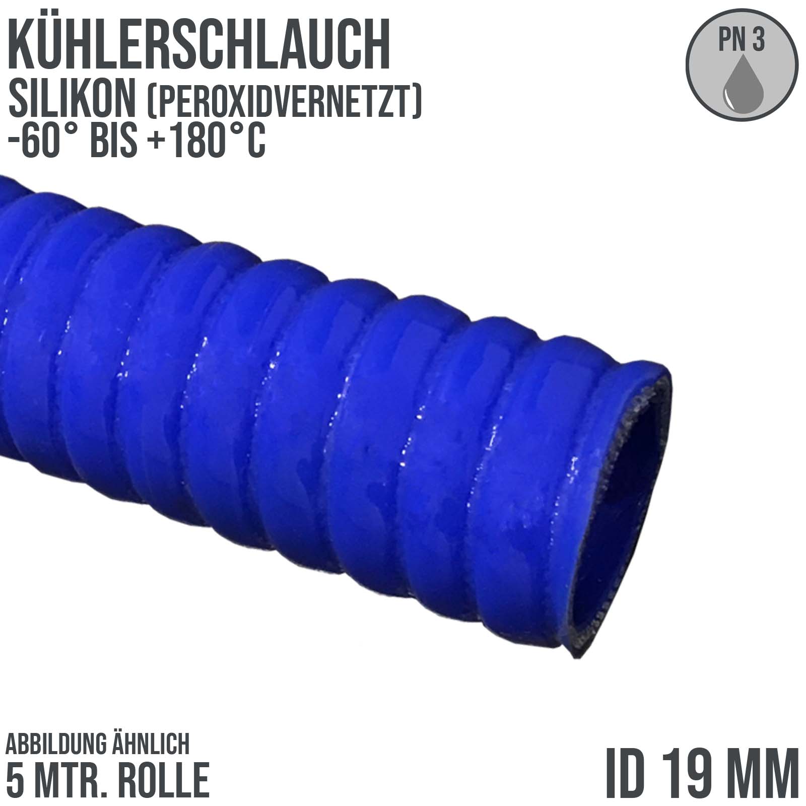 19 x 27 mm leicht flexibler Kühlerschlauch Silikon LLK Ladeluft Kühlmittel Schlauch blau PN 3 bar - 5,0 m Länge